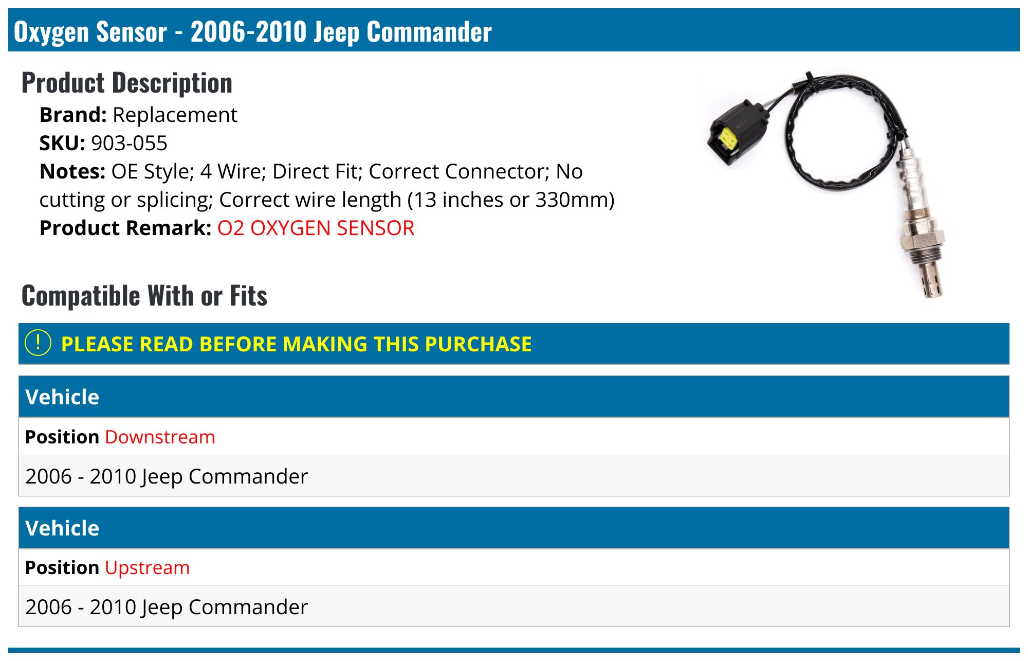 2006-2010 Jeep Commander Oxygen Sensor - Replacement 903-055 ...