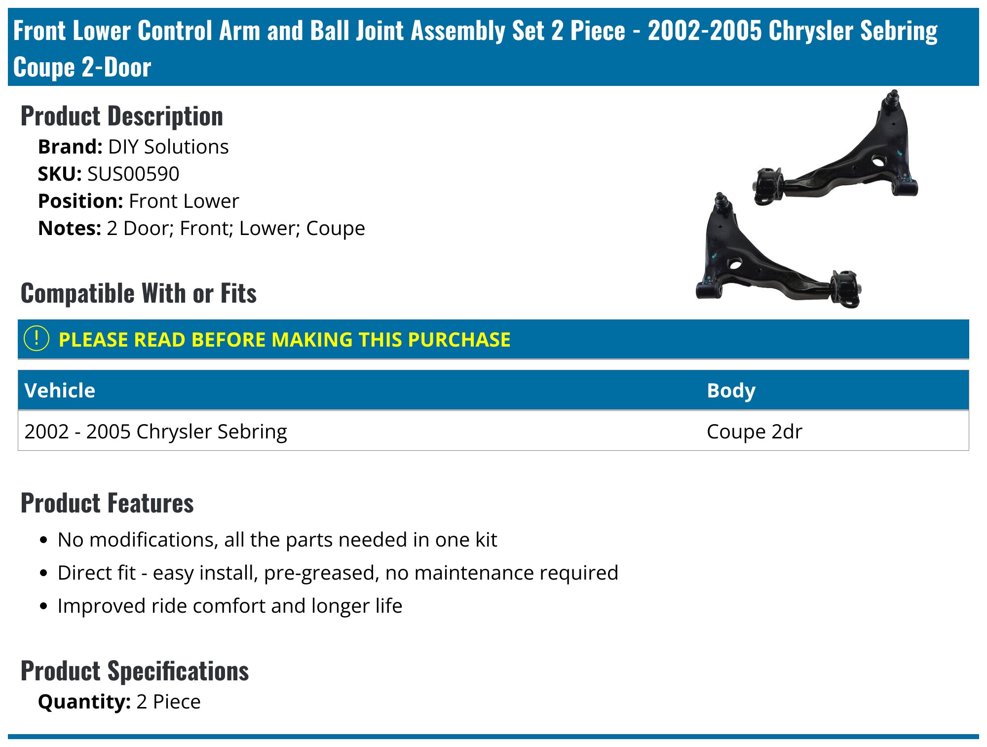 Quick Front Strut & Control Arms Kit For 02-05 Chrysler Sebring Dodge Stratus