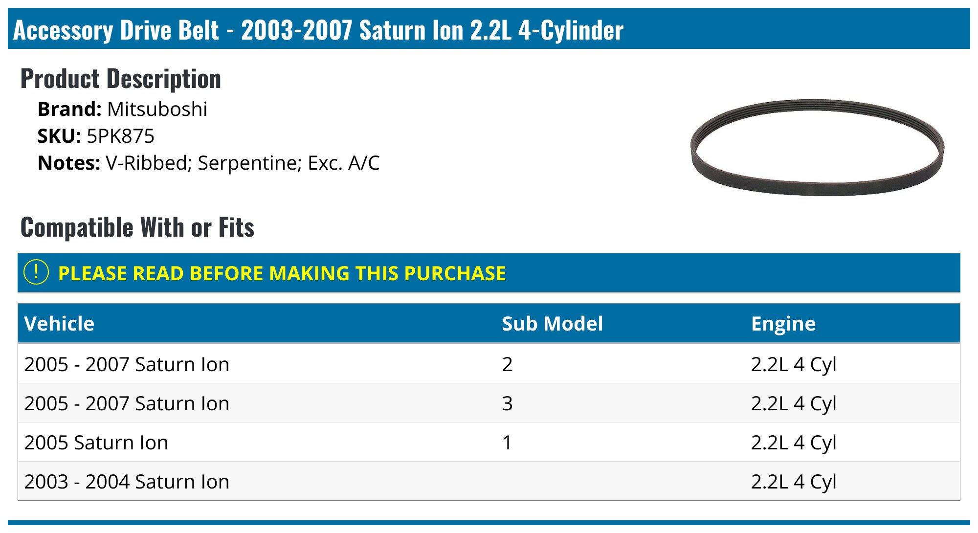 MITSUBISHI MOTORS 5PK875 Replacement Belt