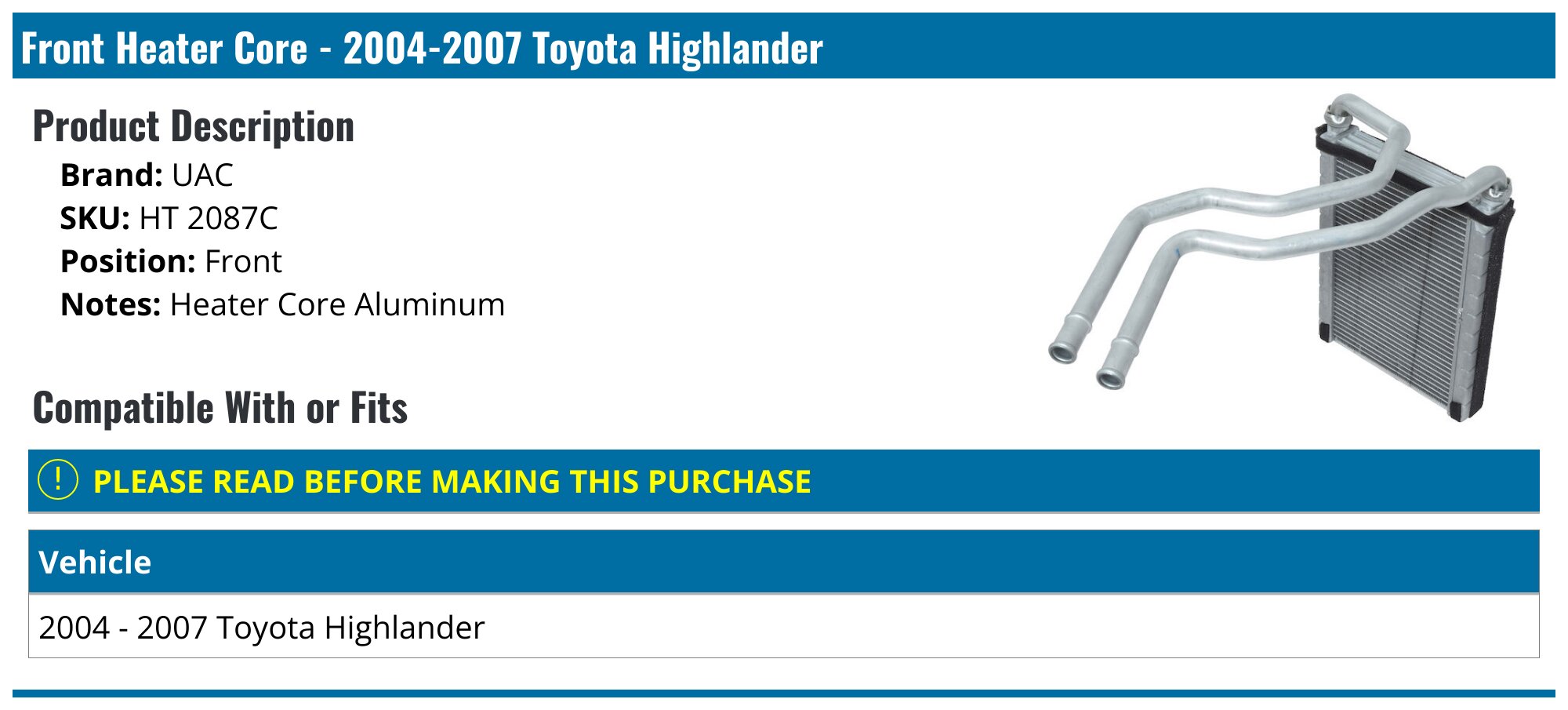 A-Premium Heater Core Replacement For Toyota Highlander 2003-2007, Front HVAC Aluminum Core