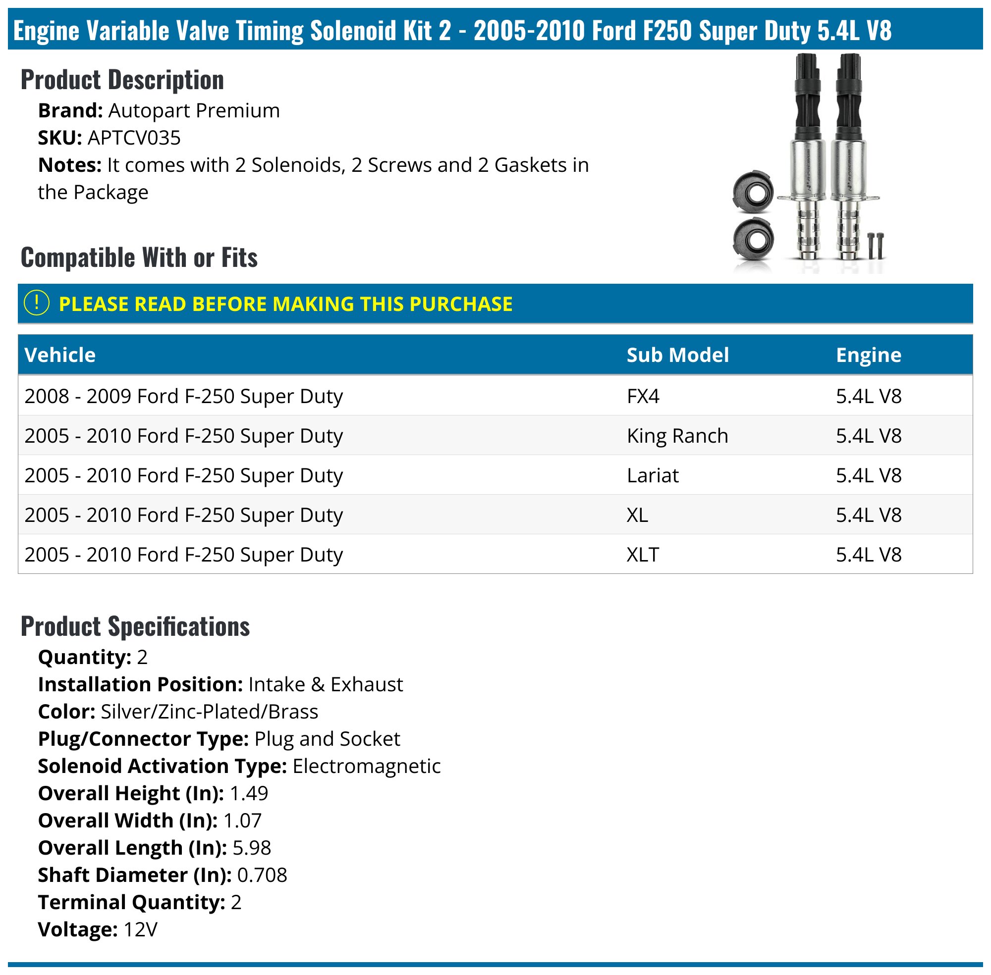 Evan-Fischer Variable Timing Solenoid Set (Intake & Exhaust) For Ford F-150 F-250 2004-2010 - 2-Prong
