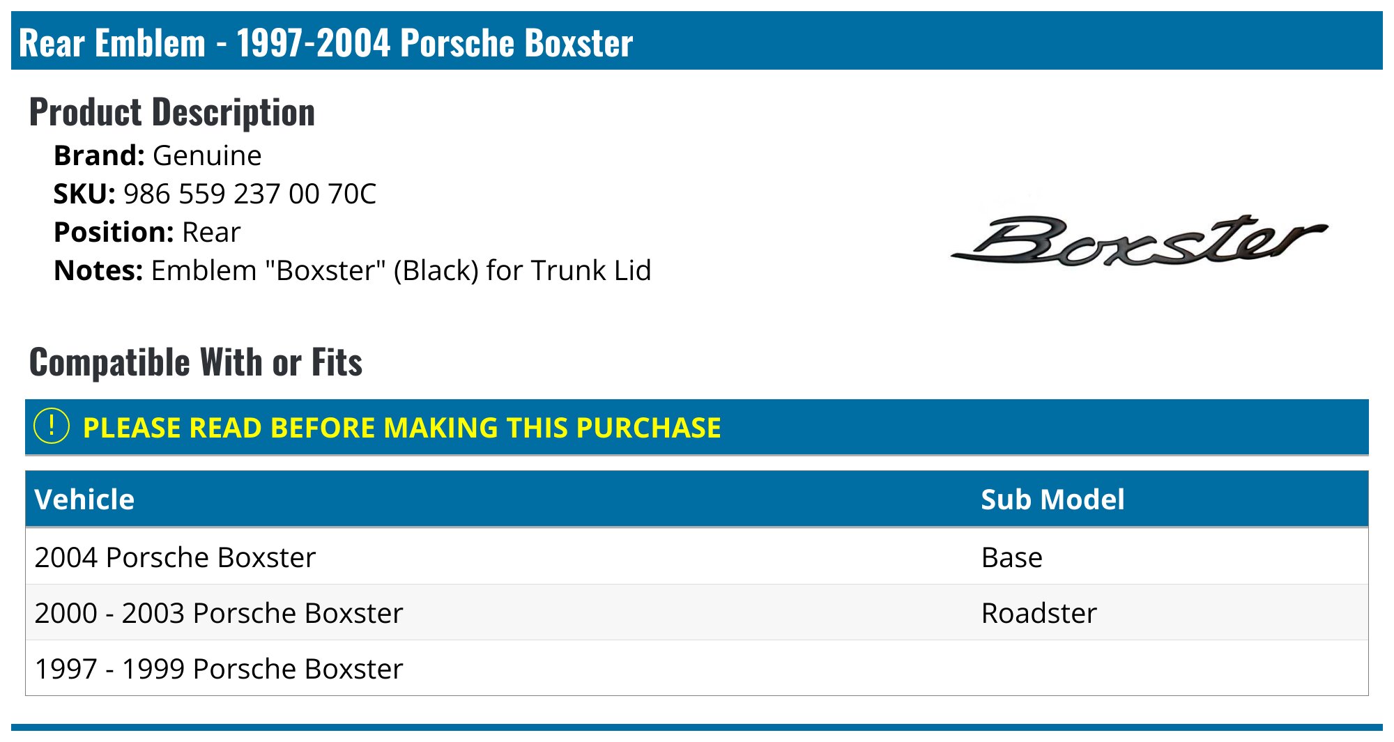 1997-2004 Porsche Boxster Emblem - Genuine 986 559 237 00 70C - Rear ...