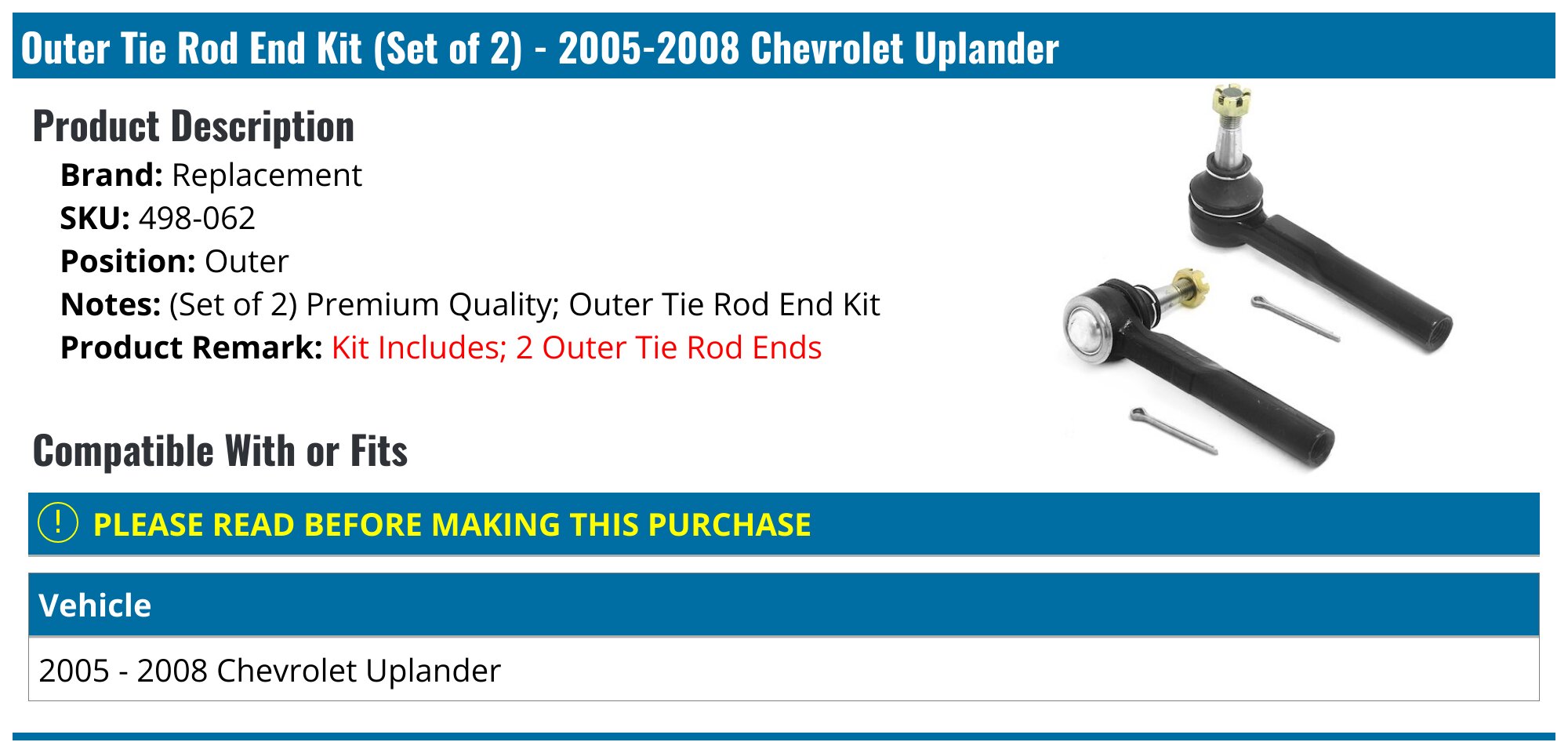 Evan-Fischer 8pc Front Tie Rod End Kit For 2005-2008 Chevy Uplander – Greasable, Direct Fit