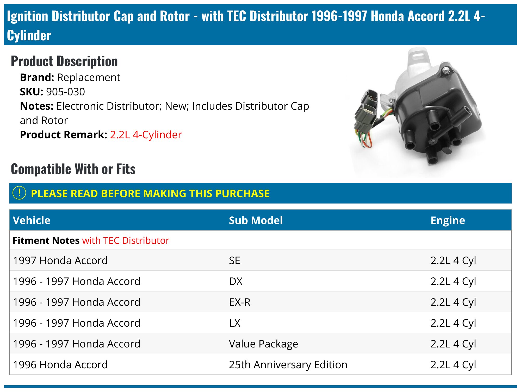 New Distributor Assembly For Honda Accord 1995-1997 2.2L SOHC - Direct Fit Replacement Part