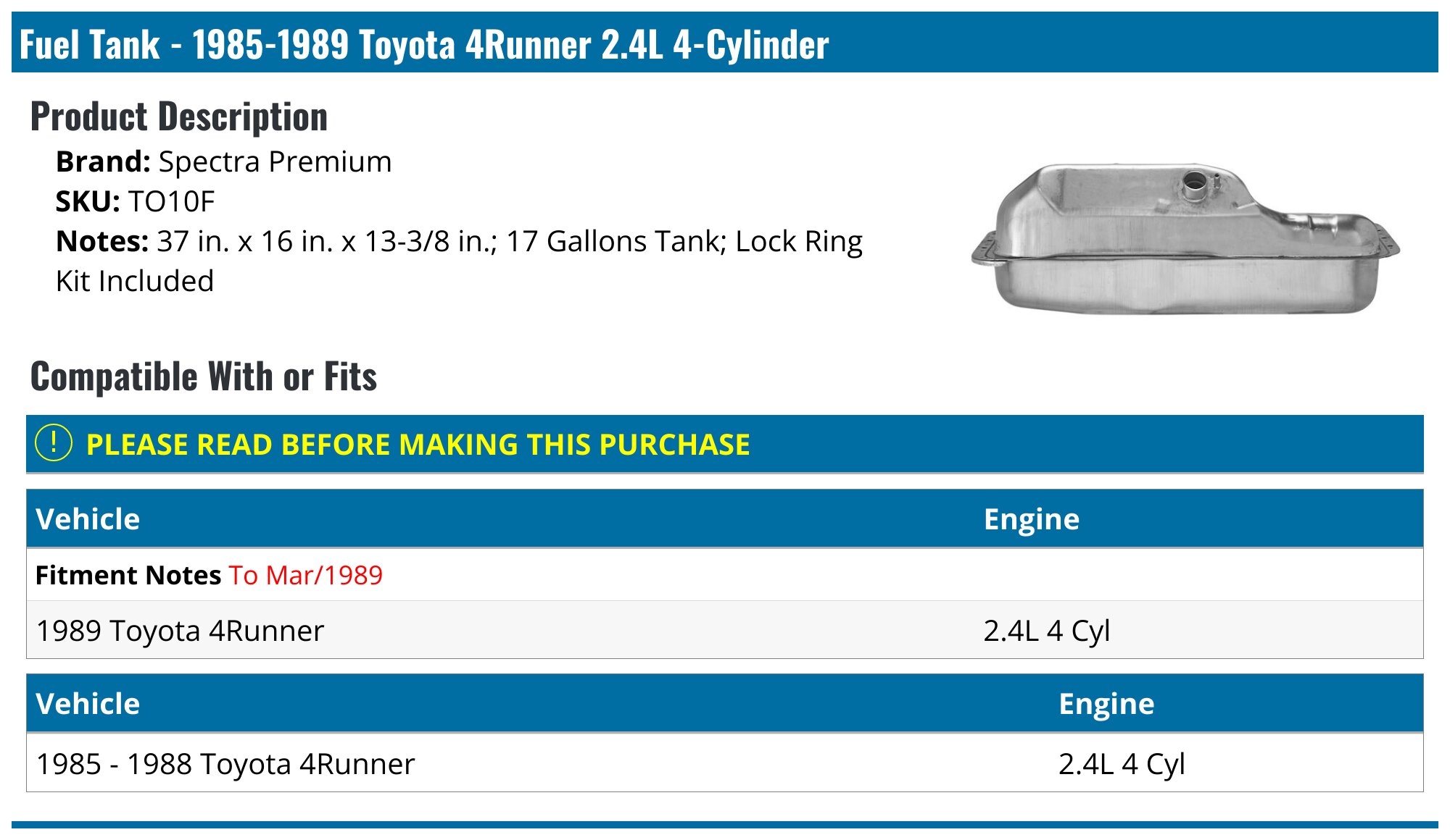 1985-1989 Toyota 4Runner Fuel Tank - Spectra Premium TO10F