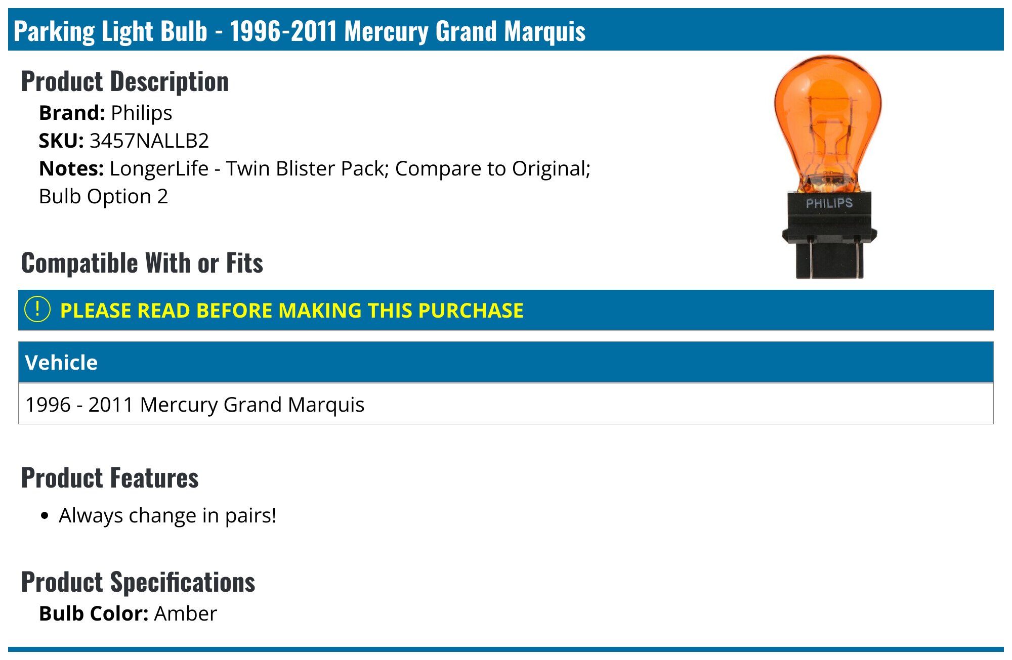Left Front Corner Light Mercury Grand Marquis 2006-2010 1566L