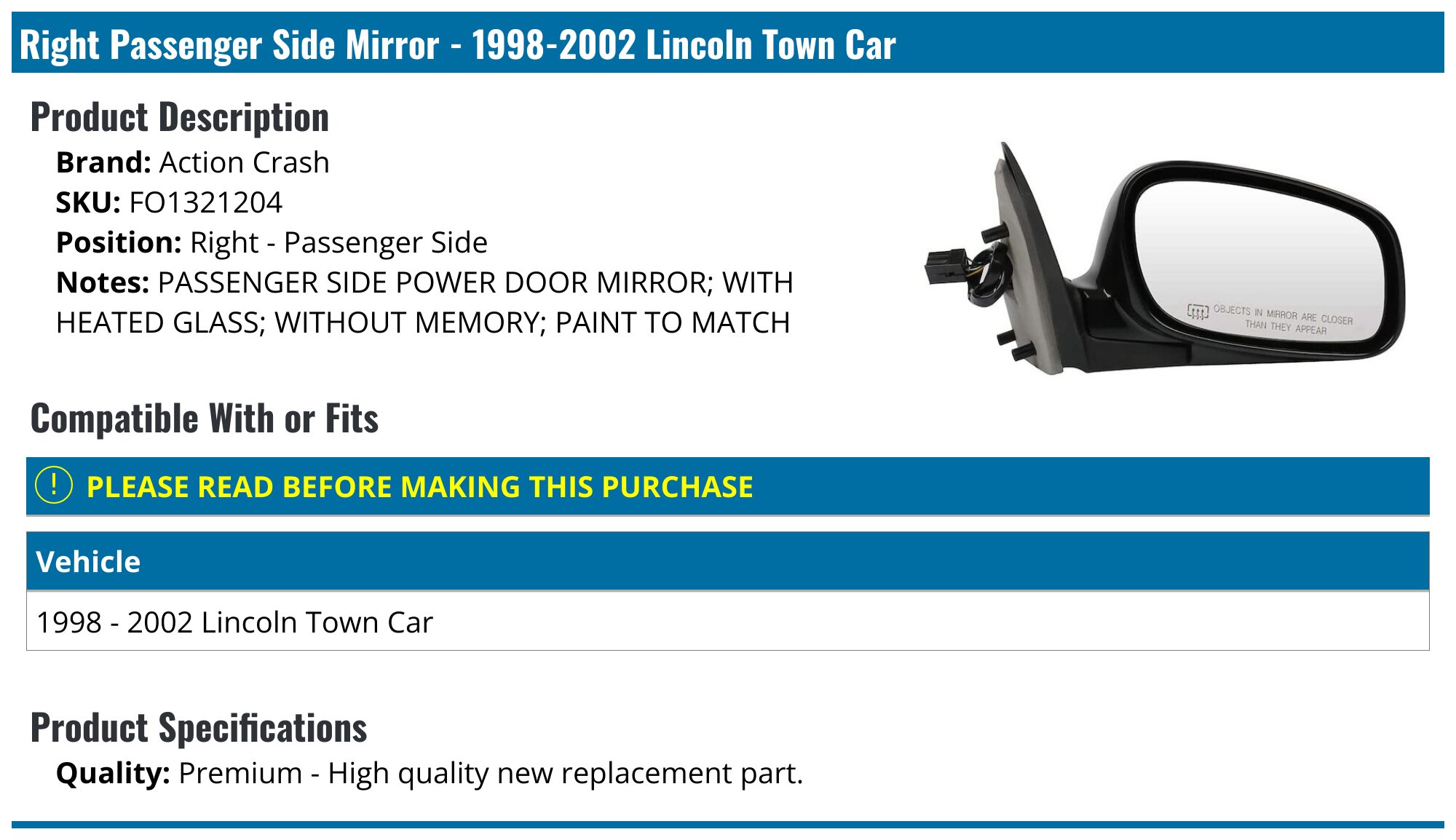 Flat Black Power Side View Mirror Passenger Right RH for 93-03 Ford