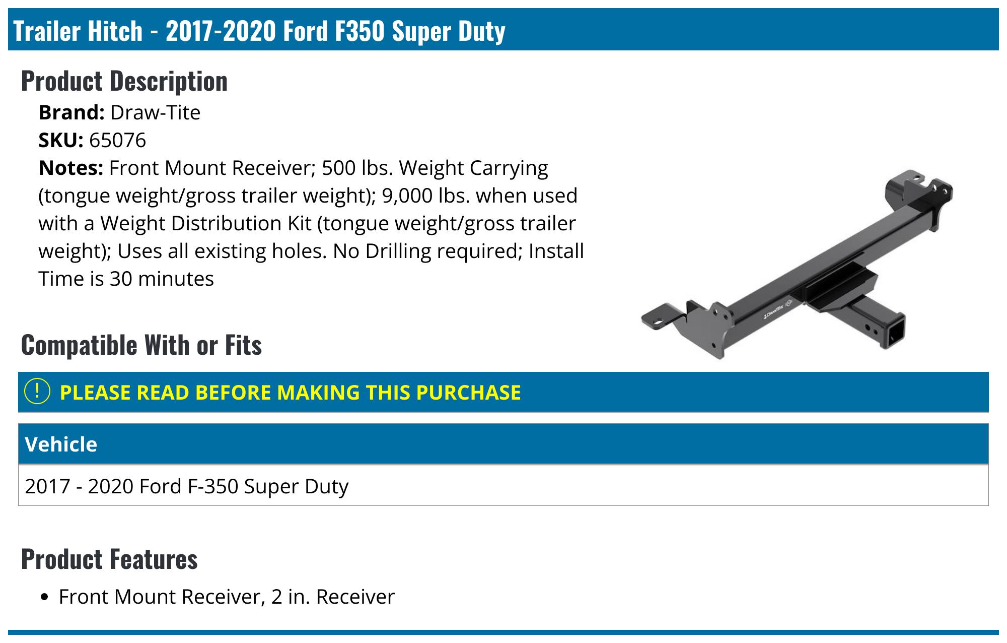 20172020 Ford F350 Super Duty Trailer Hitch DrawTite 65076