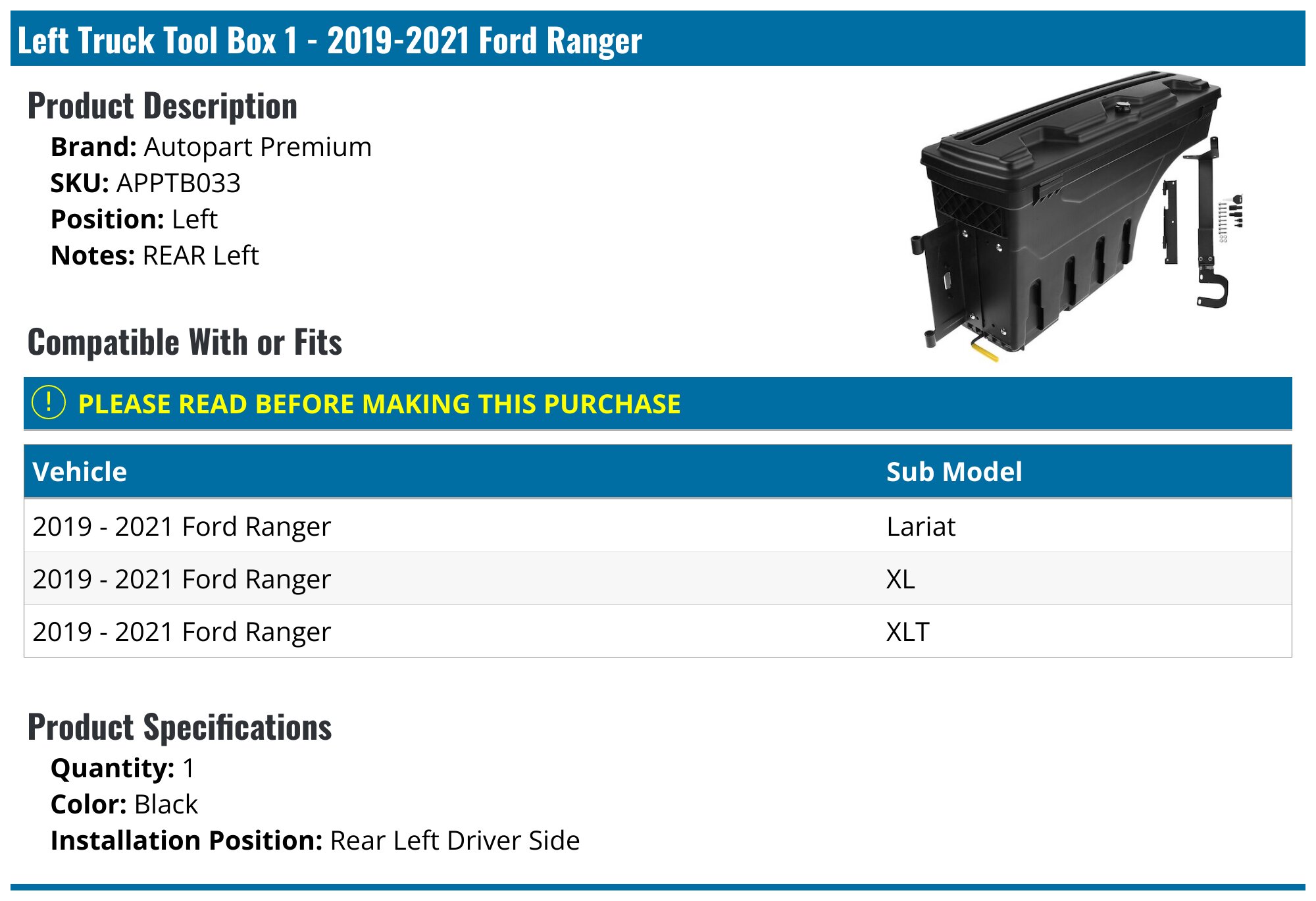 2019-2021 Ford Ranger Truck Tool Box - Autopart Premium APPTB033 - Left ...