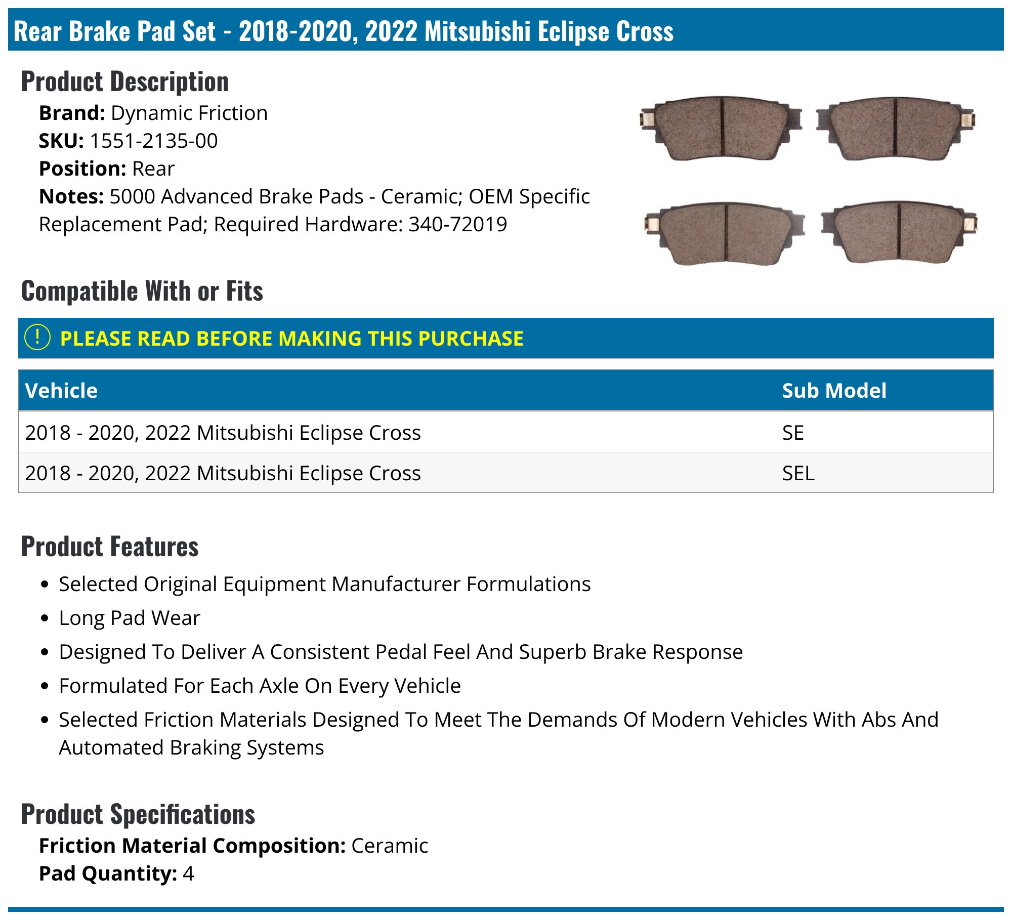 2020 Mitsubishi Eclipse Cross Rear Ceramic Brake Pads