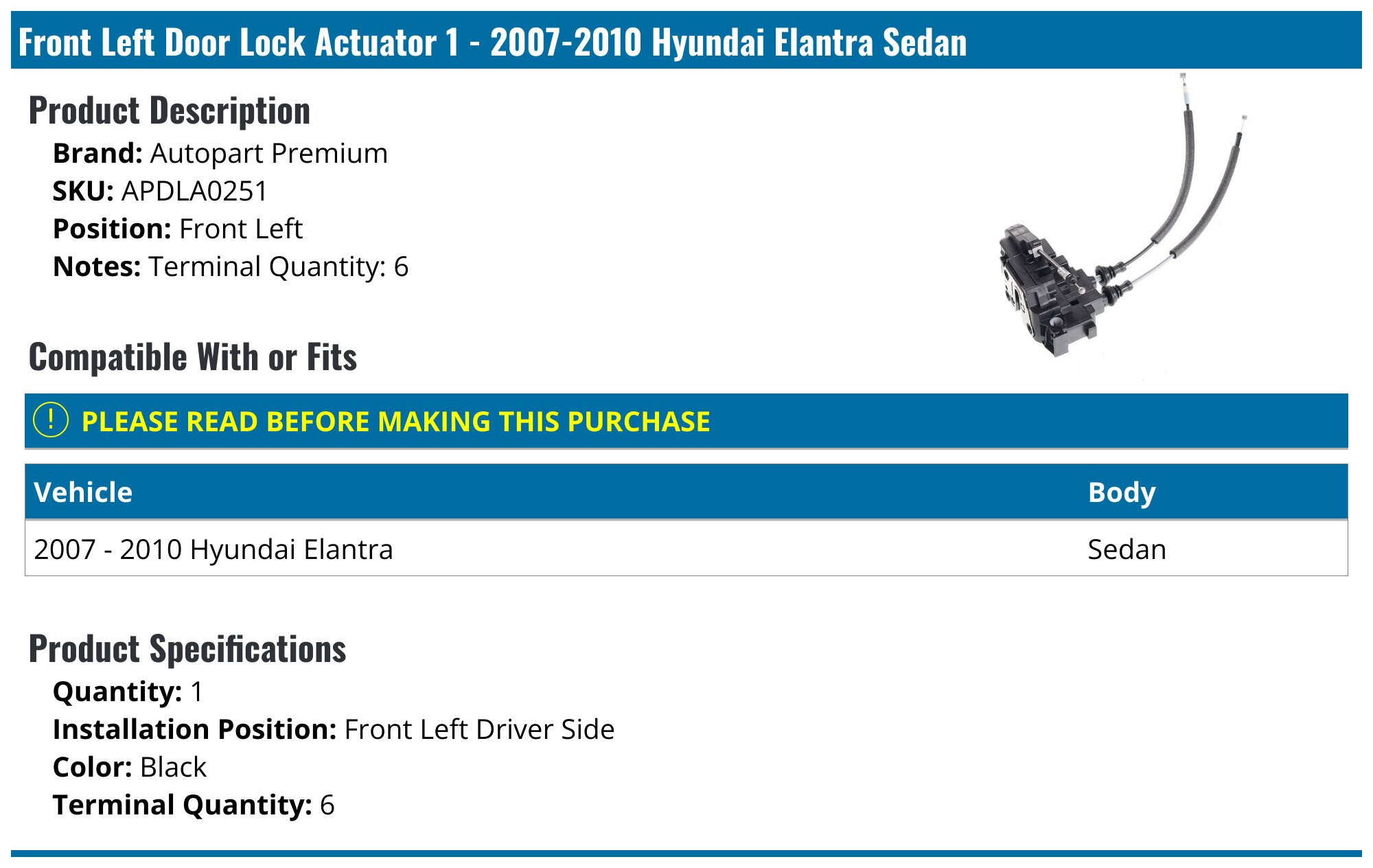Genuine Hyundai Rear Door Lock Actuator Driver Side For Elantra Sedan 2017-2020 81410F2000