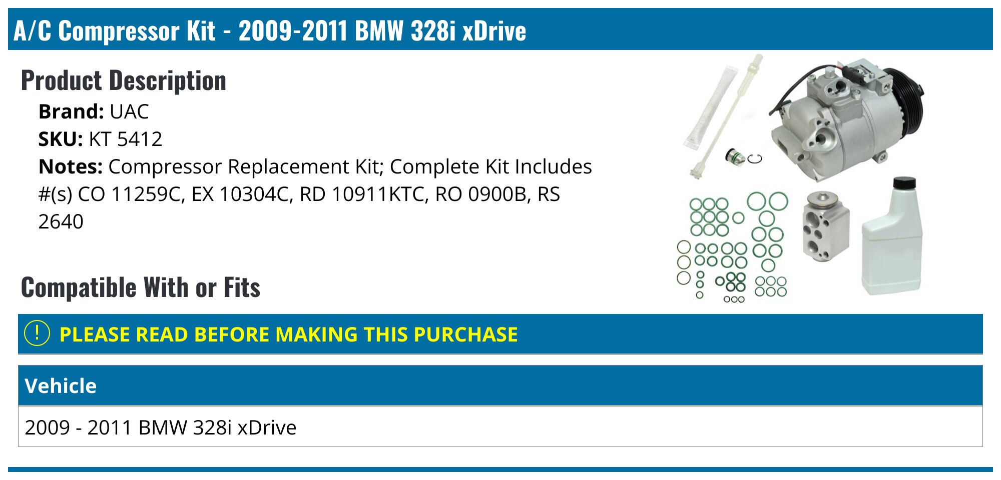 2009-2011 BMW 328i xDrive A/C Compressor - UAC KT 5412 - PartsGeek.com