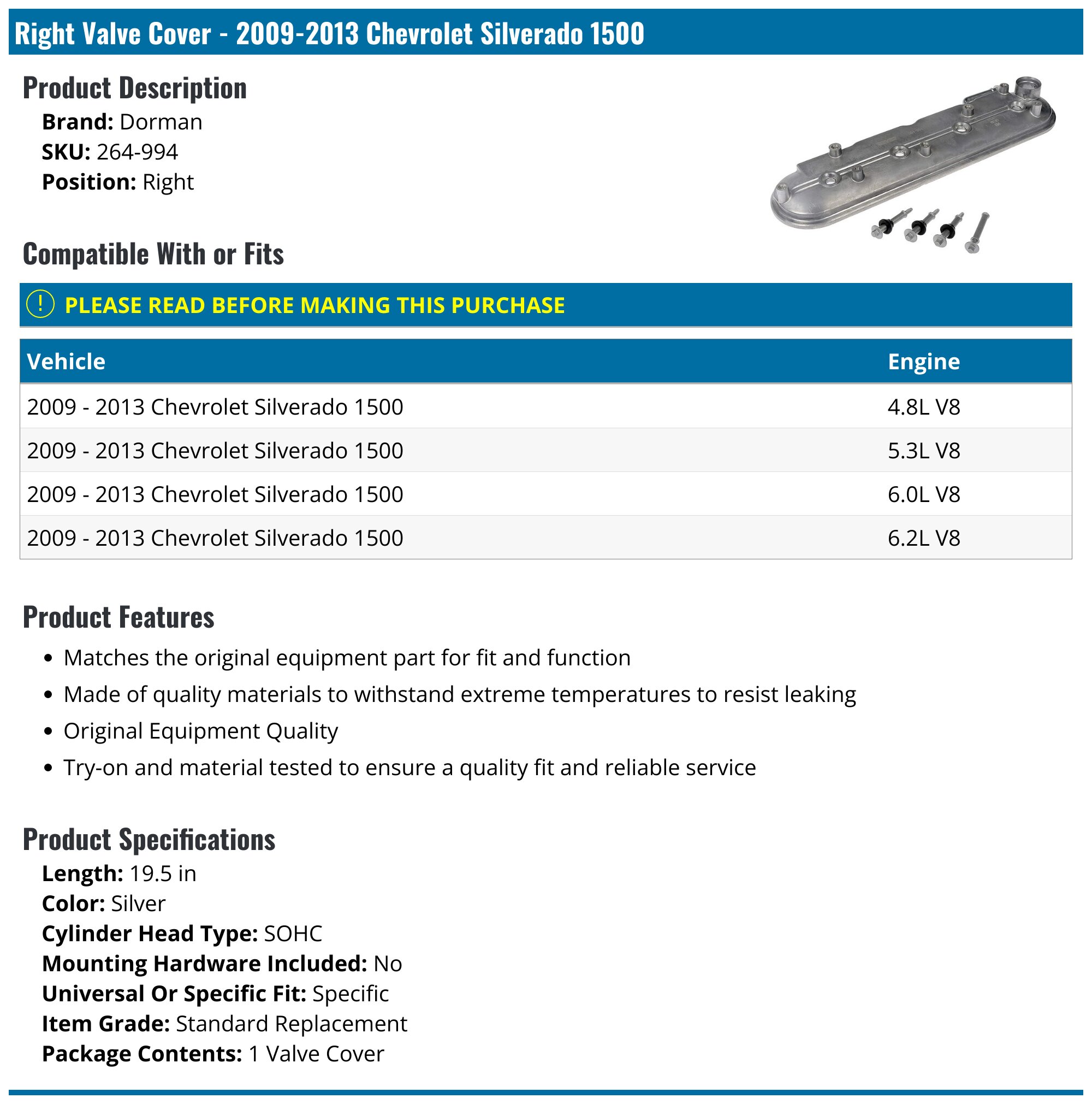 2009-2013 Chevrolet Silverado 1500 Valve Cover - Dorman 264-994 - Right ...