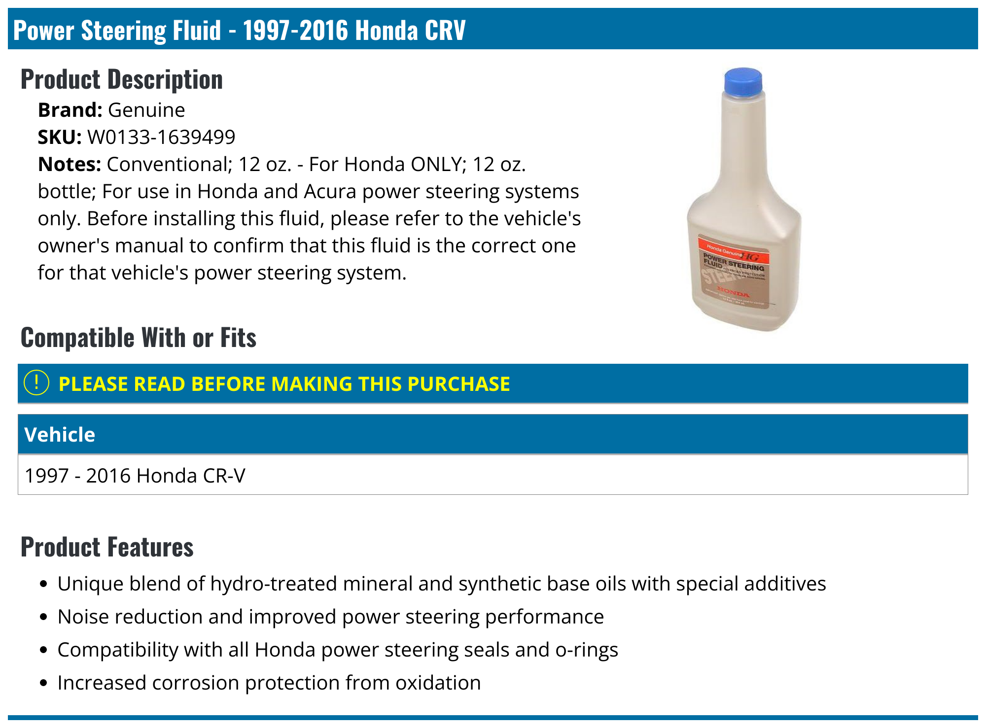 19972016 Honda CRV Power Steering Fluid Genuine W01331639499