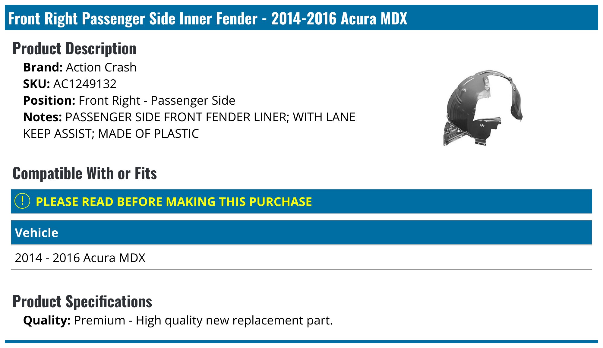 Front Right Inner Fender Liner Fits 2013-2015 Acura ILX
