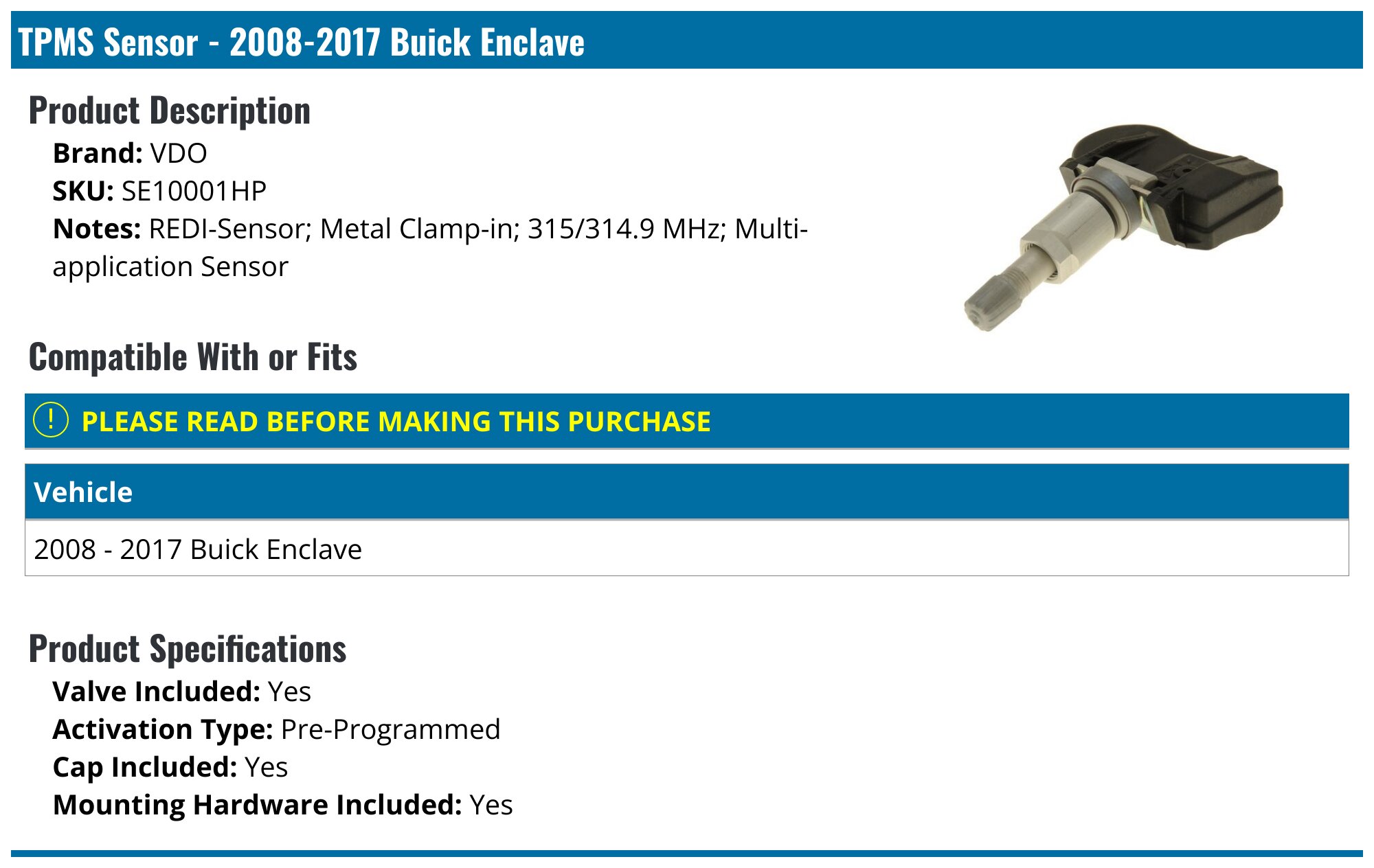 QQS TPMS Tire Pressure Sensor With Metal Valve For Buick Enclave 2009-2017 – 1 Piece, Direct Fit