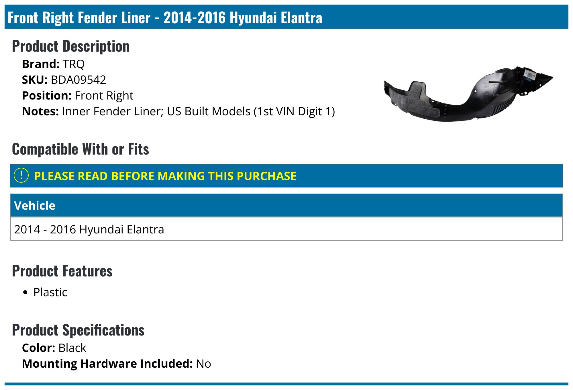 HY1249133 Front Right Side Fender Liner Plastic for 14-16 HYUNDAI
