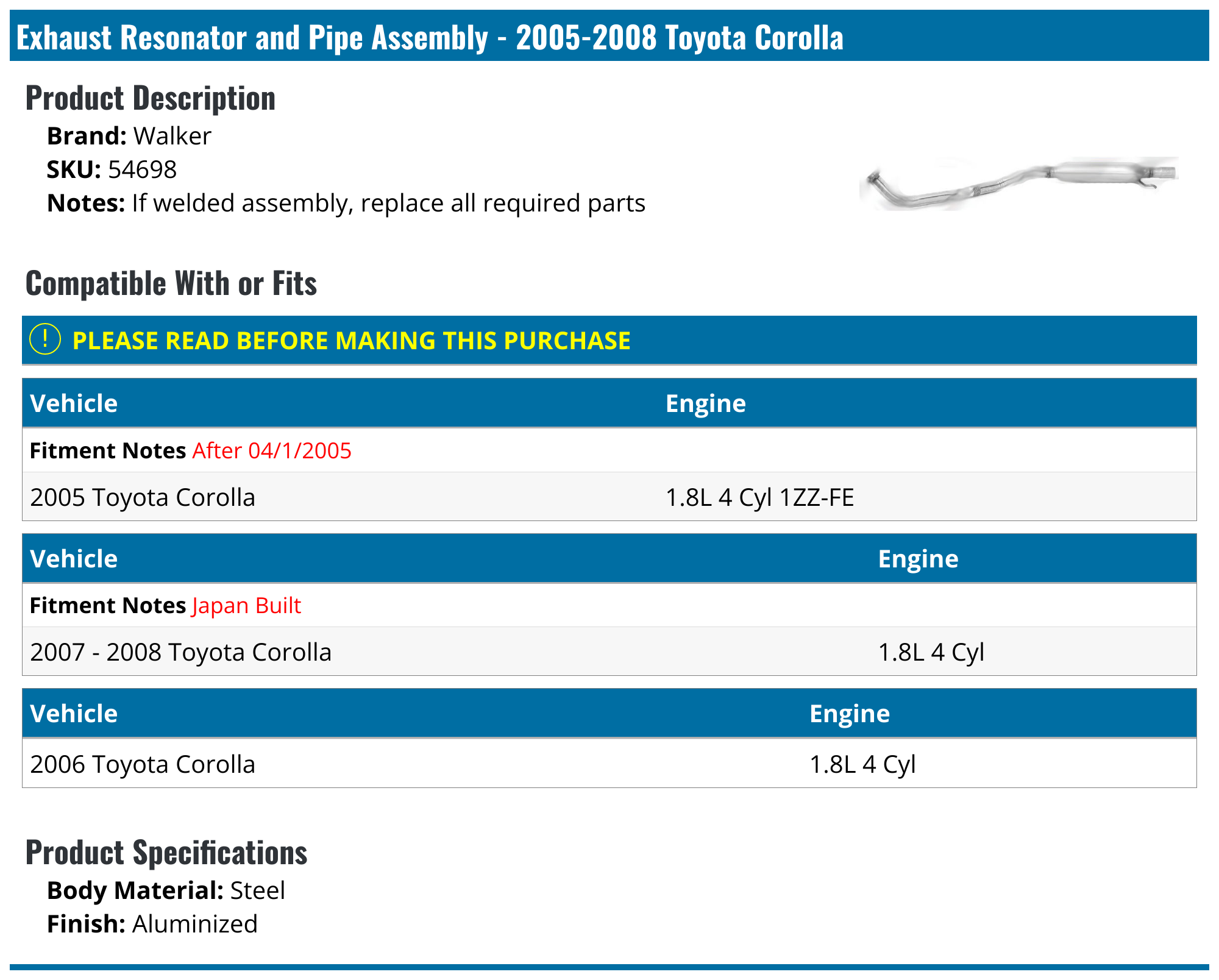 20052008 Toyota Corolla Exhaust Resonator Walker 54698