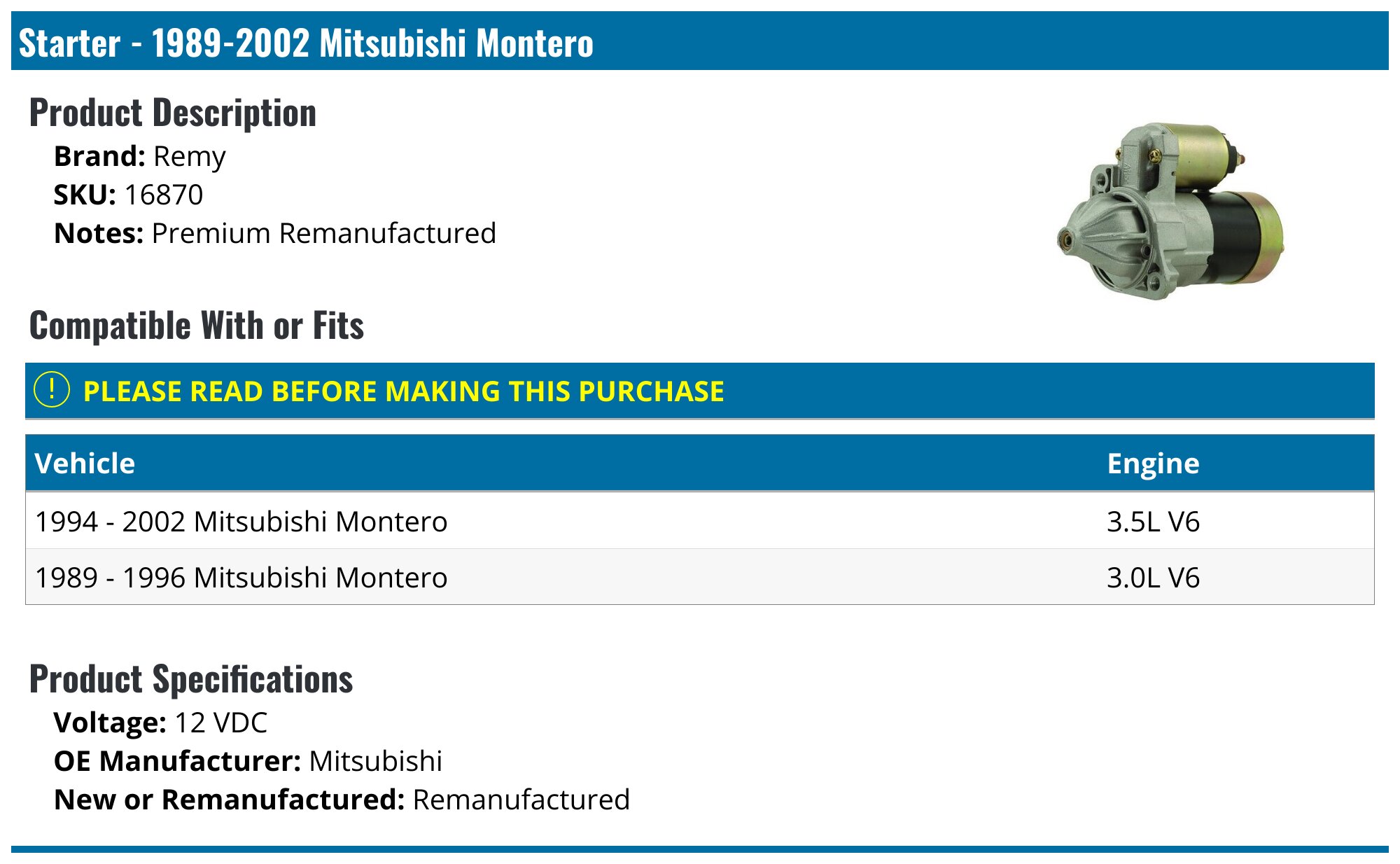 New Starter Motor For Mitsubishi Montero 3.0L 1989-1999 - 12V 1.2kW 8 Teeth