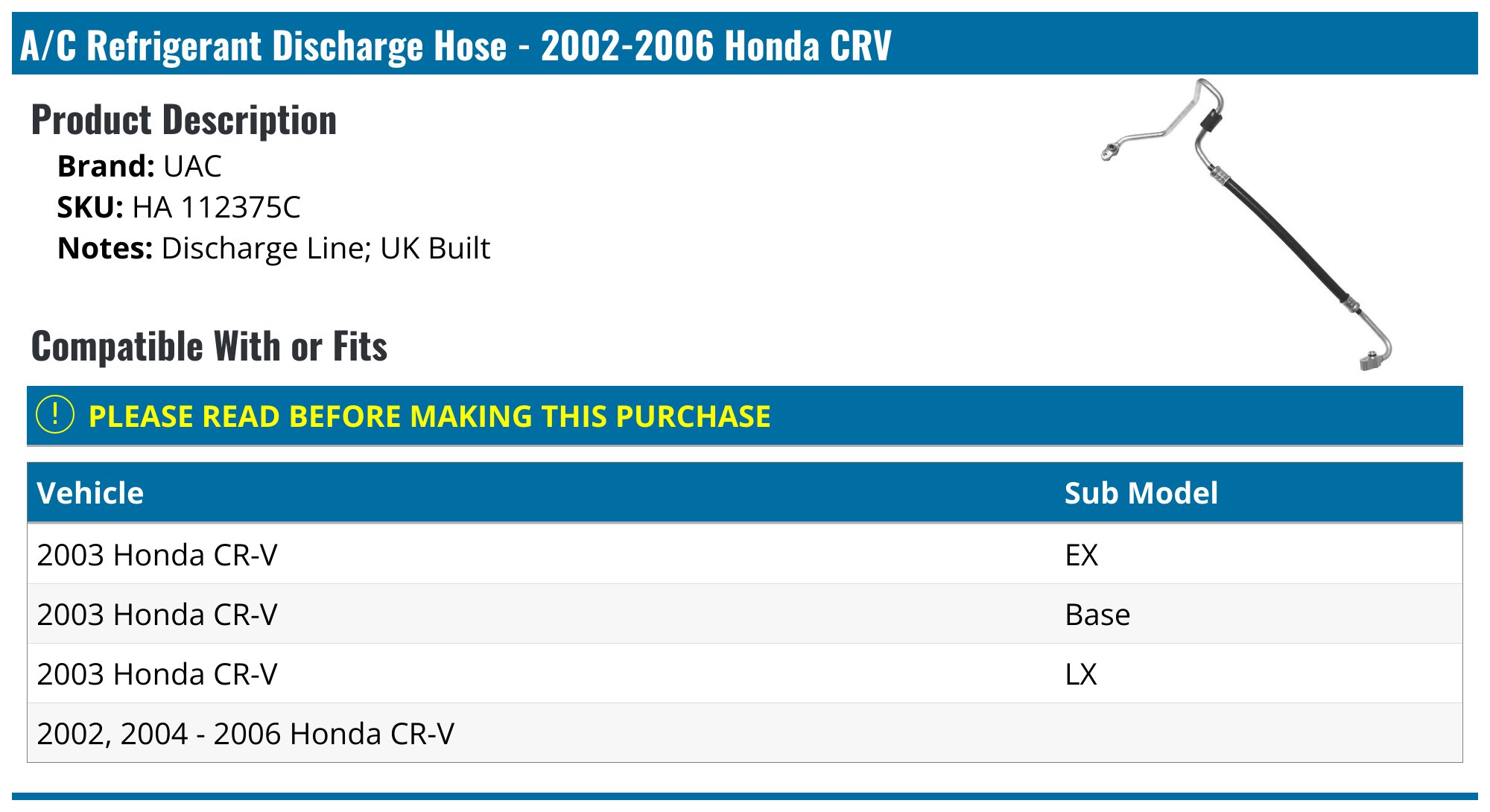 A-Premium A/C Discharge Hose For 2005-2006 Honda CR-V 2.4L - High Pressure Line, Compressor To Condenser