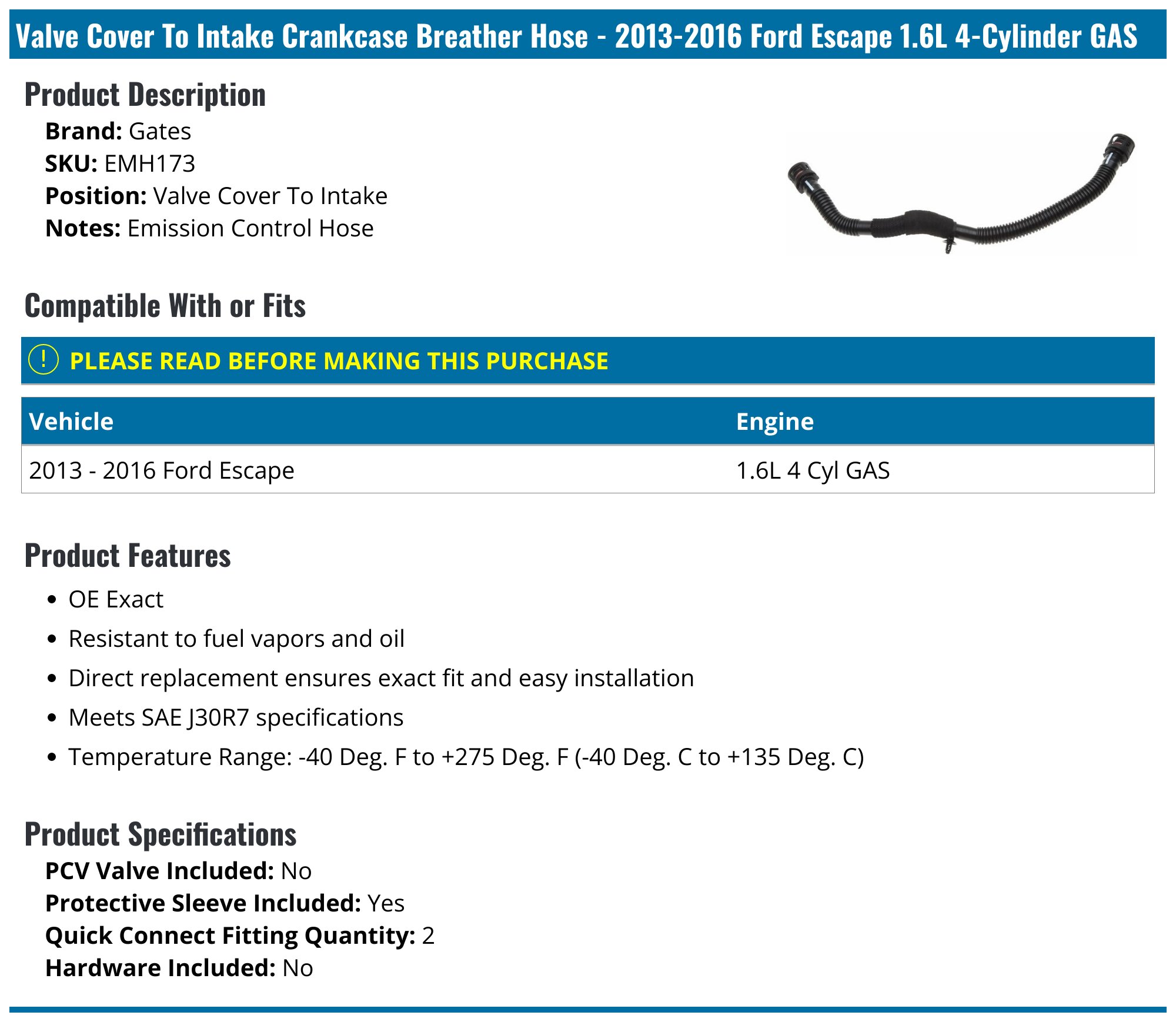 2013-2016 Ford Escape Breather Hose - Gates EMH173 - Valve Cover