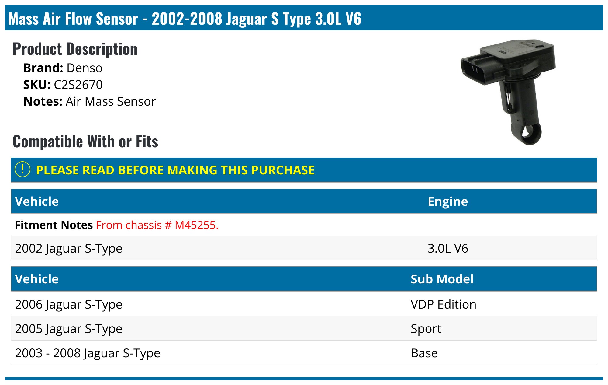 Sensor De Flujo De Aire Masivo MAF Para Jaguar S-Type, X-Type, XF, XK, XJ | 2.0-4.2L V6/V8 | Reemplazo C2S2670, 1X4312B579AB