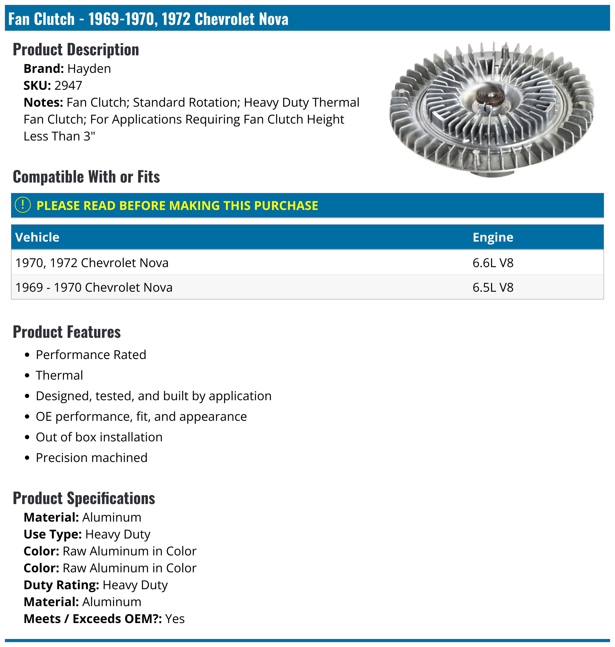 19691970, 1972 Chevrolet Nova Fan Clutch Hayden 2947