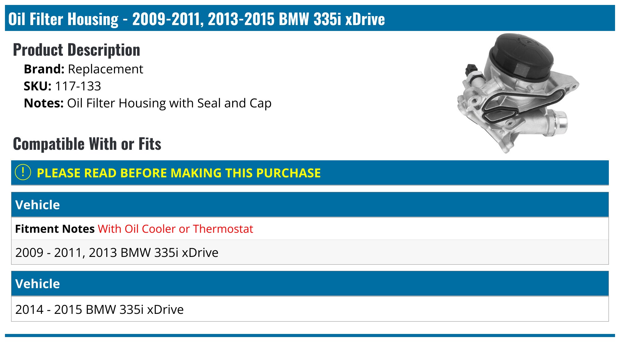 2009-2011, 2013-2015 BMW 335i xDrive Oil Filter Housing - Replacement ...