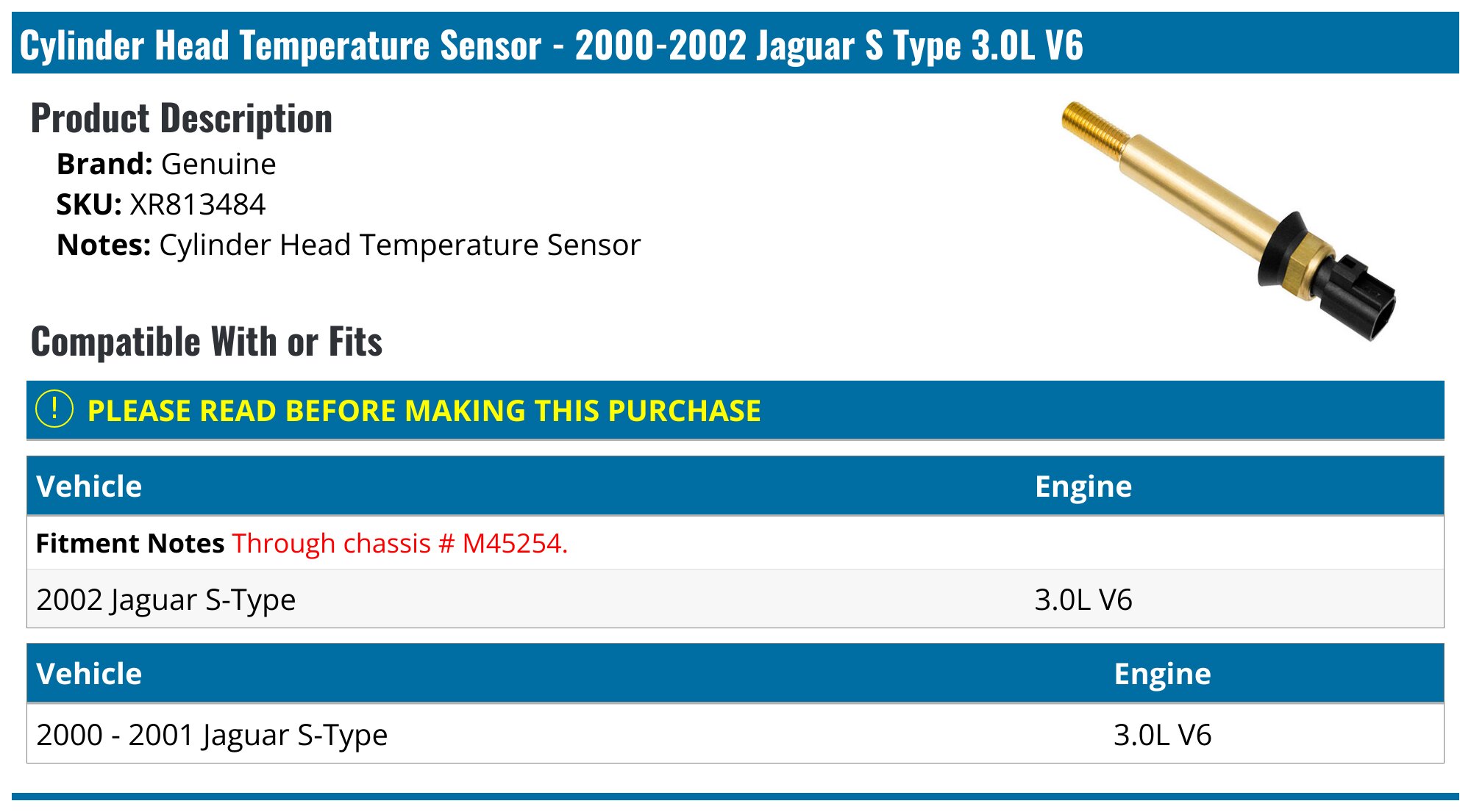 2000-2002 Jaguar S Type Cylinder Head Temperature Sensor - Genuine