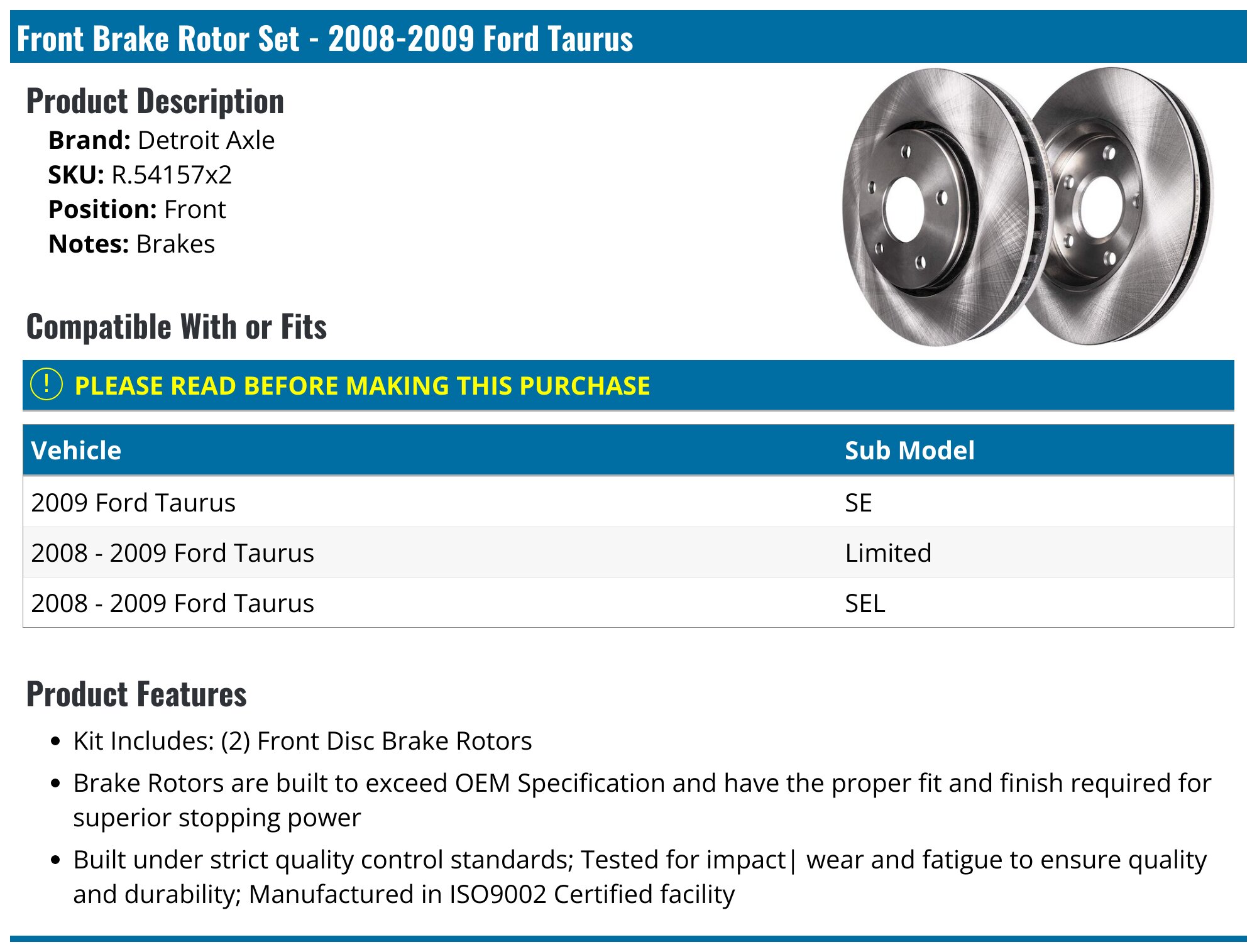 Disc Brake Rotors for 2013 Ford Taurus for sale