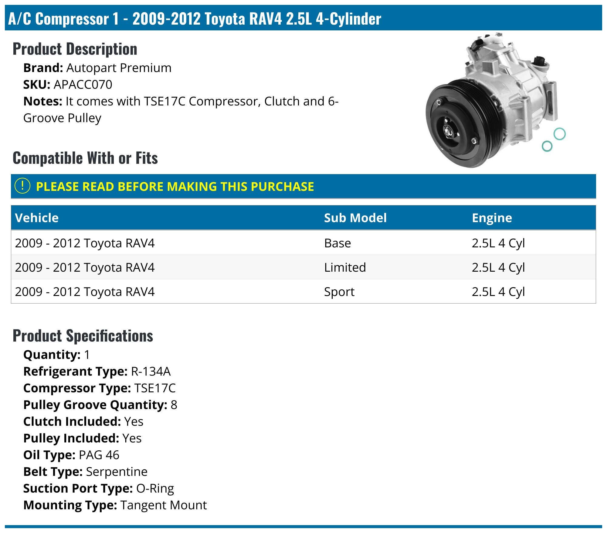Cold Works A/C Remanufactured Compressor For Toyota Camry 2.5L 2012-2018 & RAV4 2.5L 2009-2012