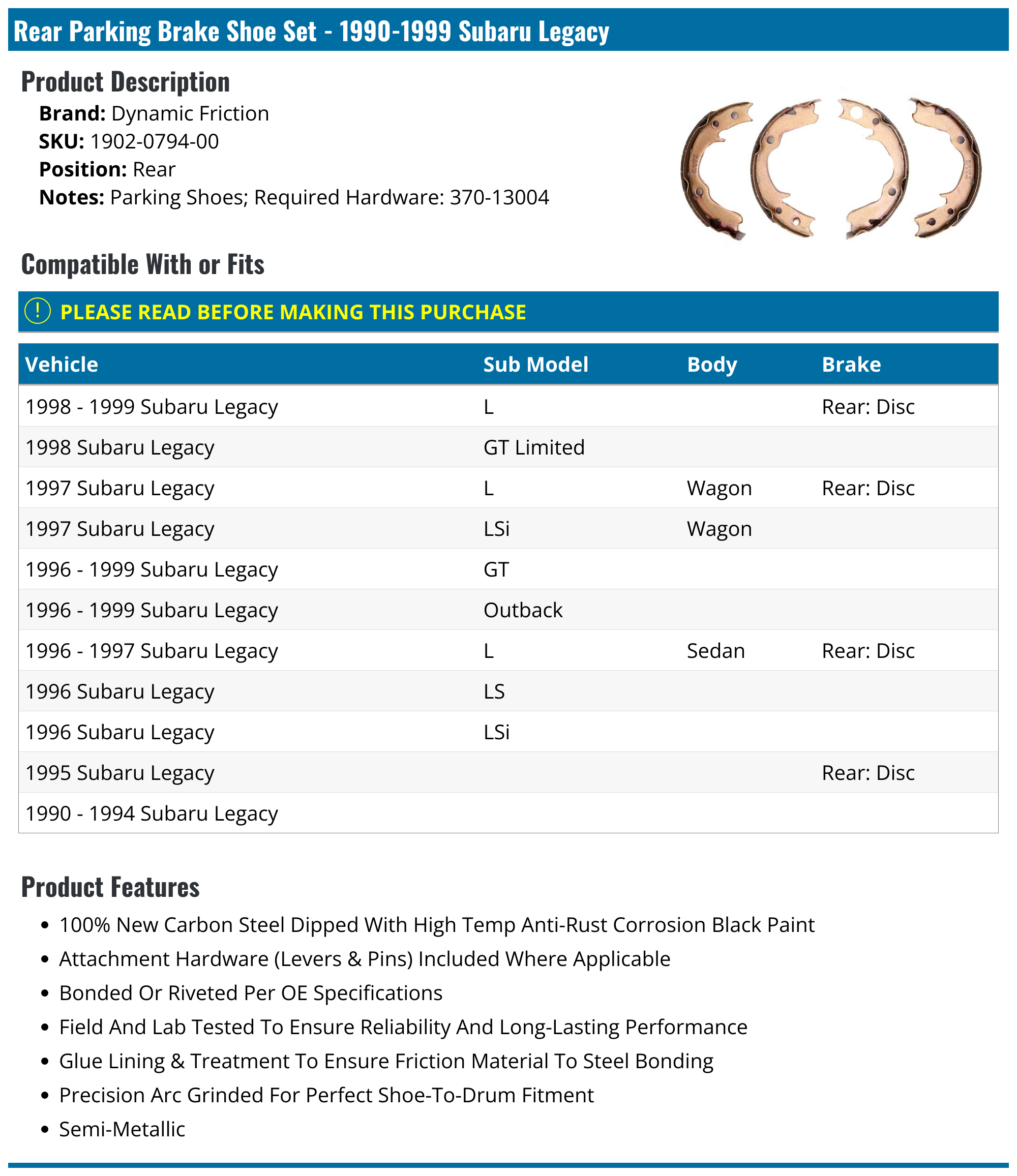 19901999 Subaru Legacy Parking Brake Shoe Set Dynamic Friction 1902