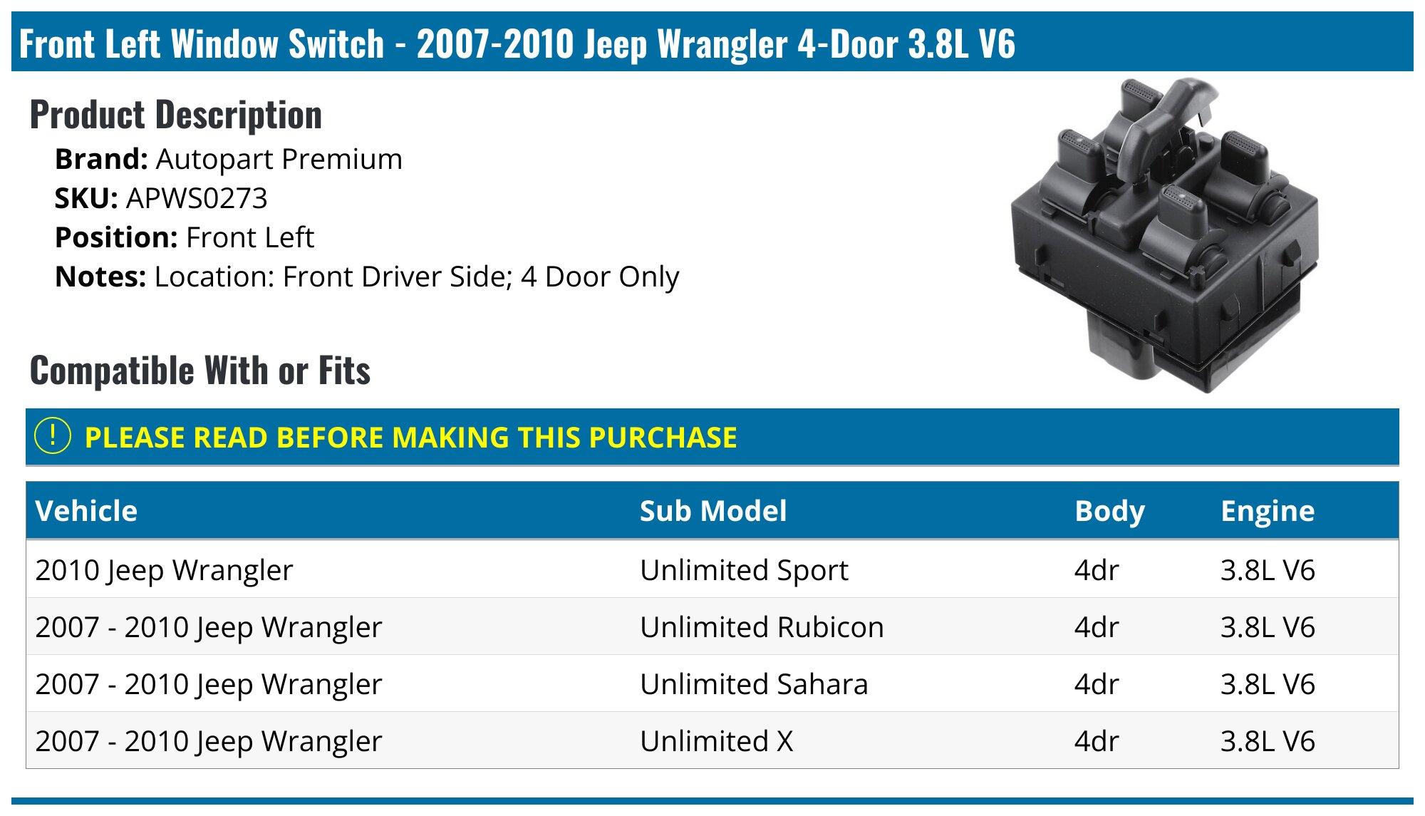 Power Window Master Switch For 2003-2007 Honda Accord 4-Door Driver Side | Direct Fit