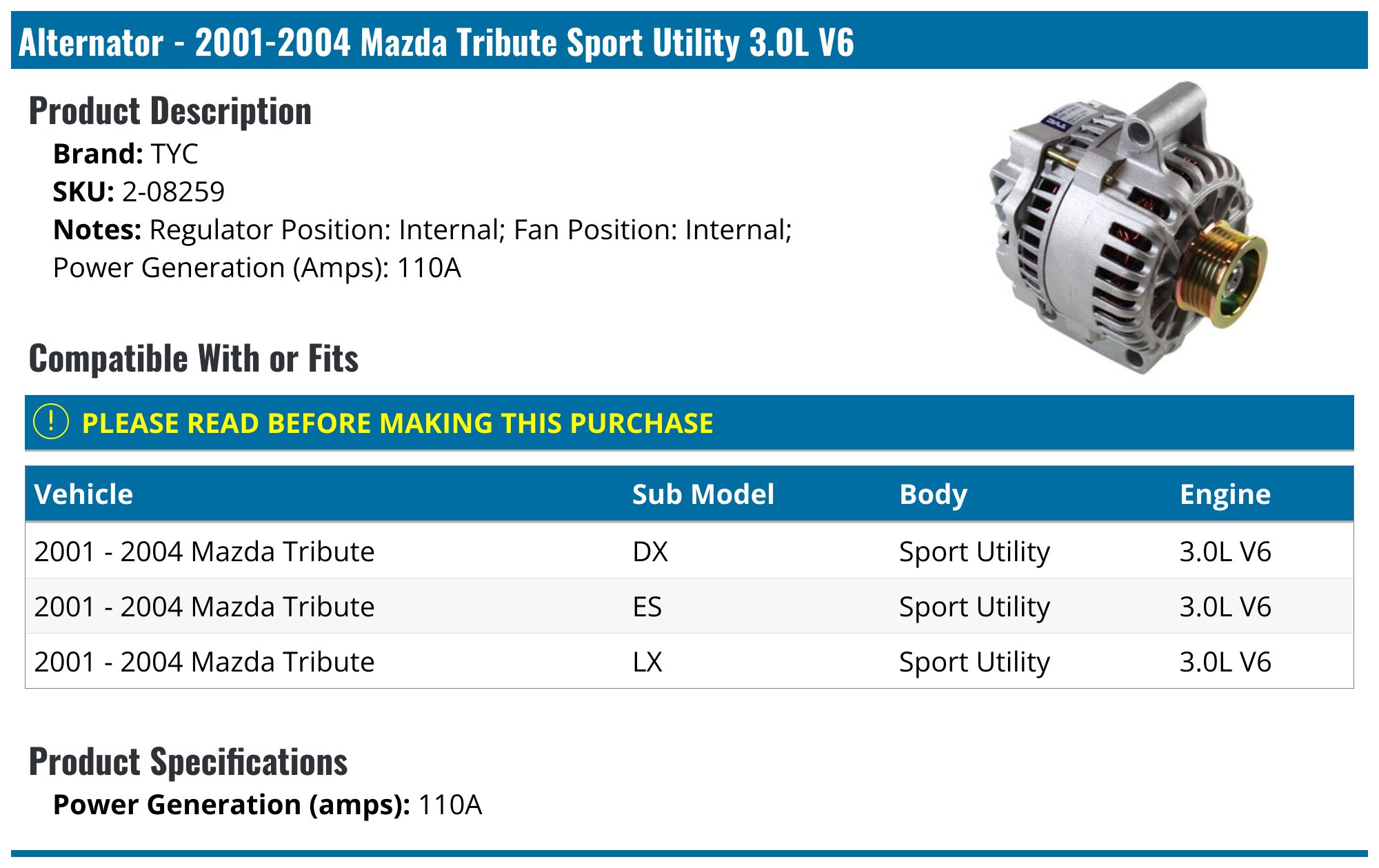 Alternateur Pour Mazda Tribute 2001-2004 - Pièce D'occasion En Très Bon état - Réf. OEM 1L8U-CD