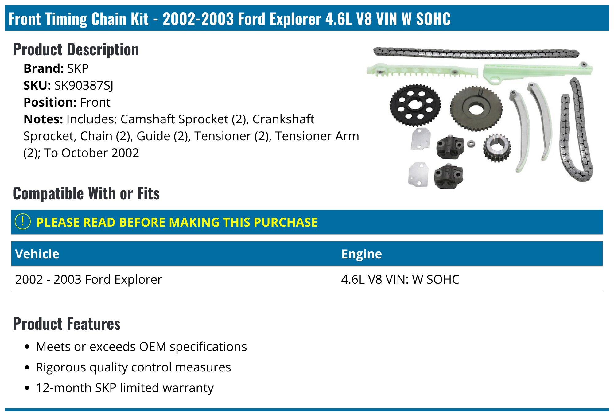 2002-2003 Ford Explorer Timing Chain SKP SK90387SJ Front