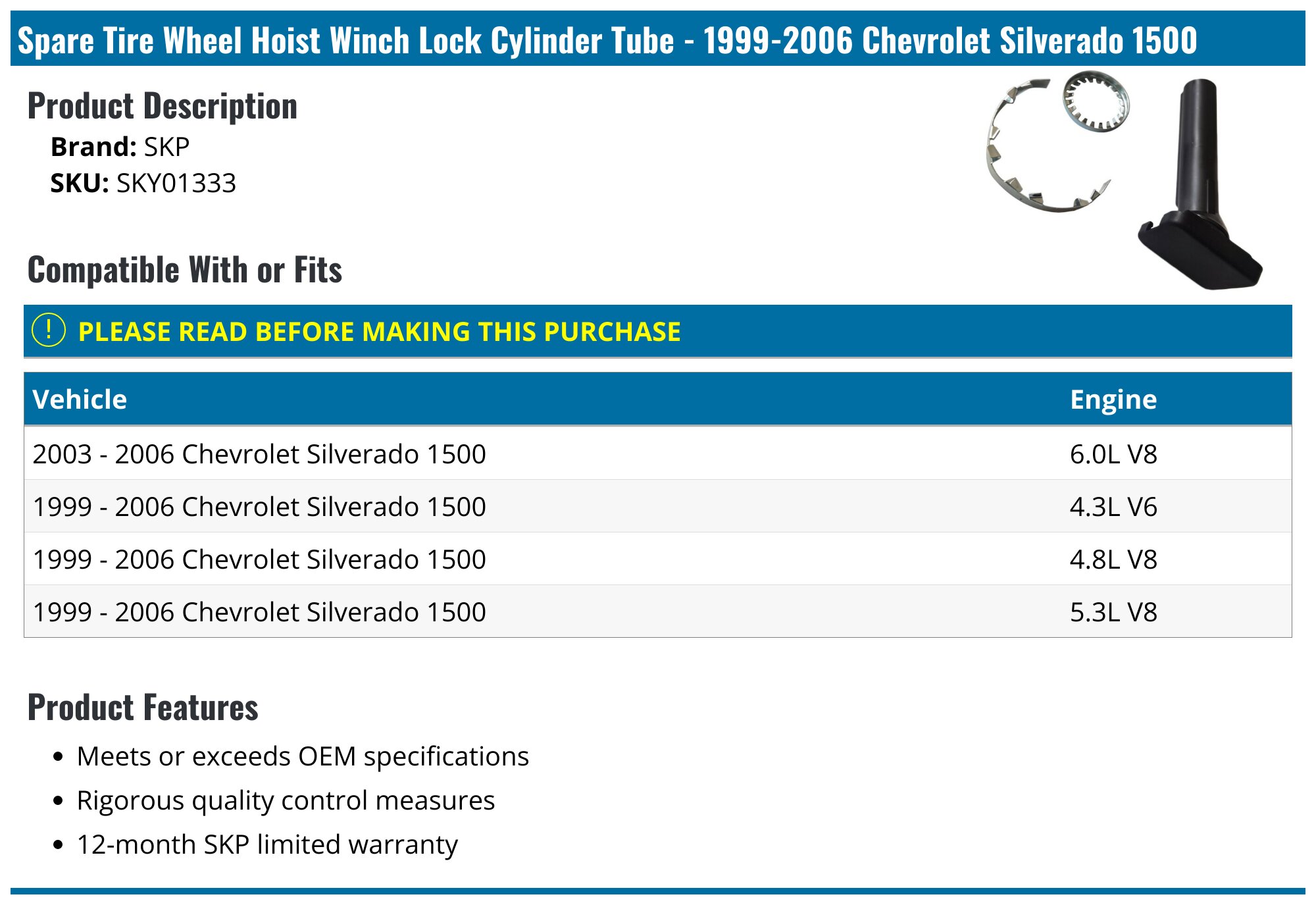 OEM 1988-2000 C/K Silverado Sierra Spare Tire Hoist Drive Rod Extension Tube – 12", With Clip