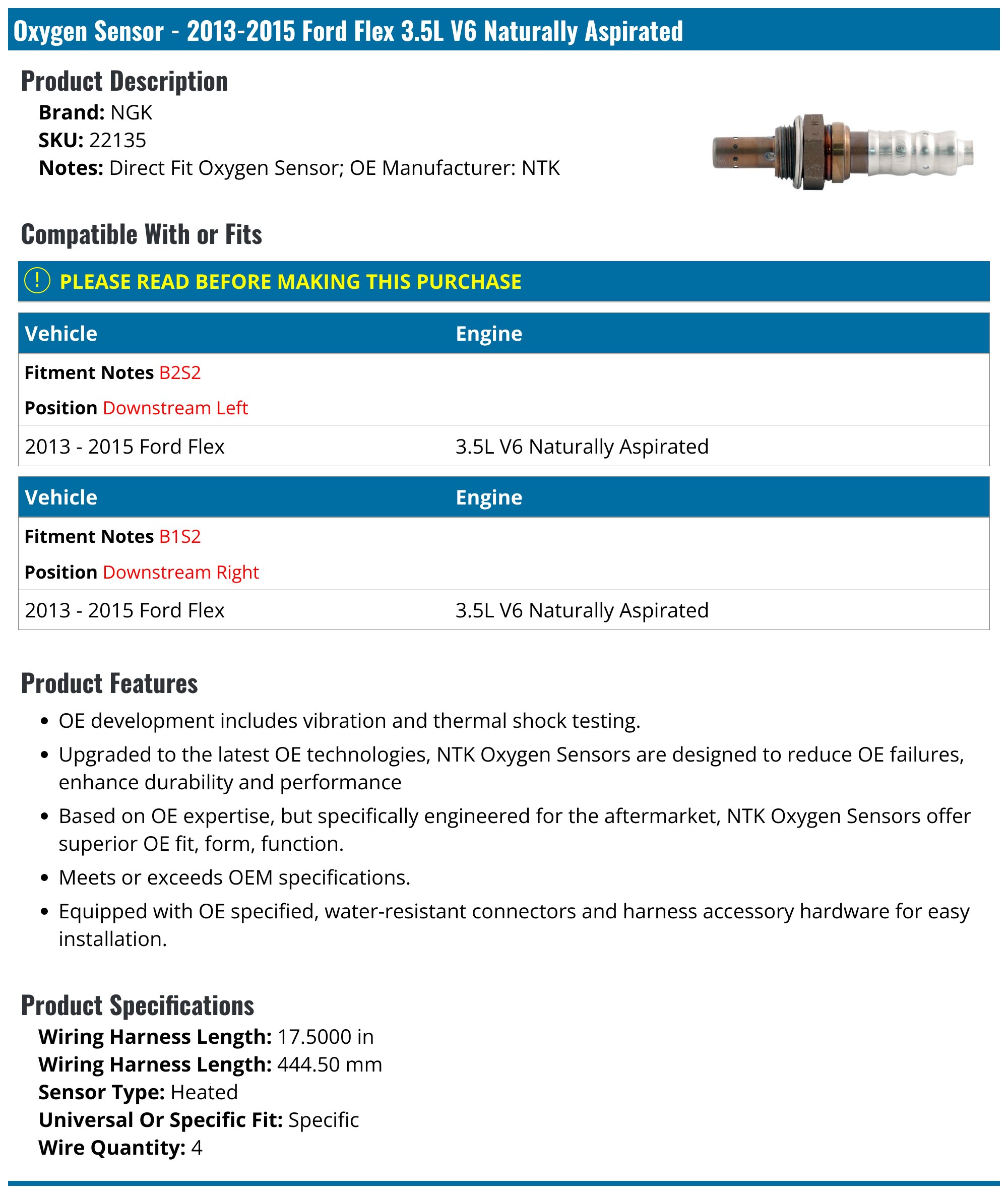 22135 O2 Sensor 2013-2015 Ford Flex Oxygen Sensor - NGK 22135 - Downstream Left ...
