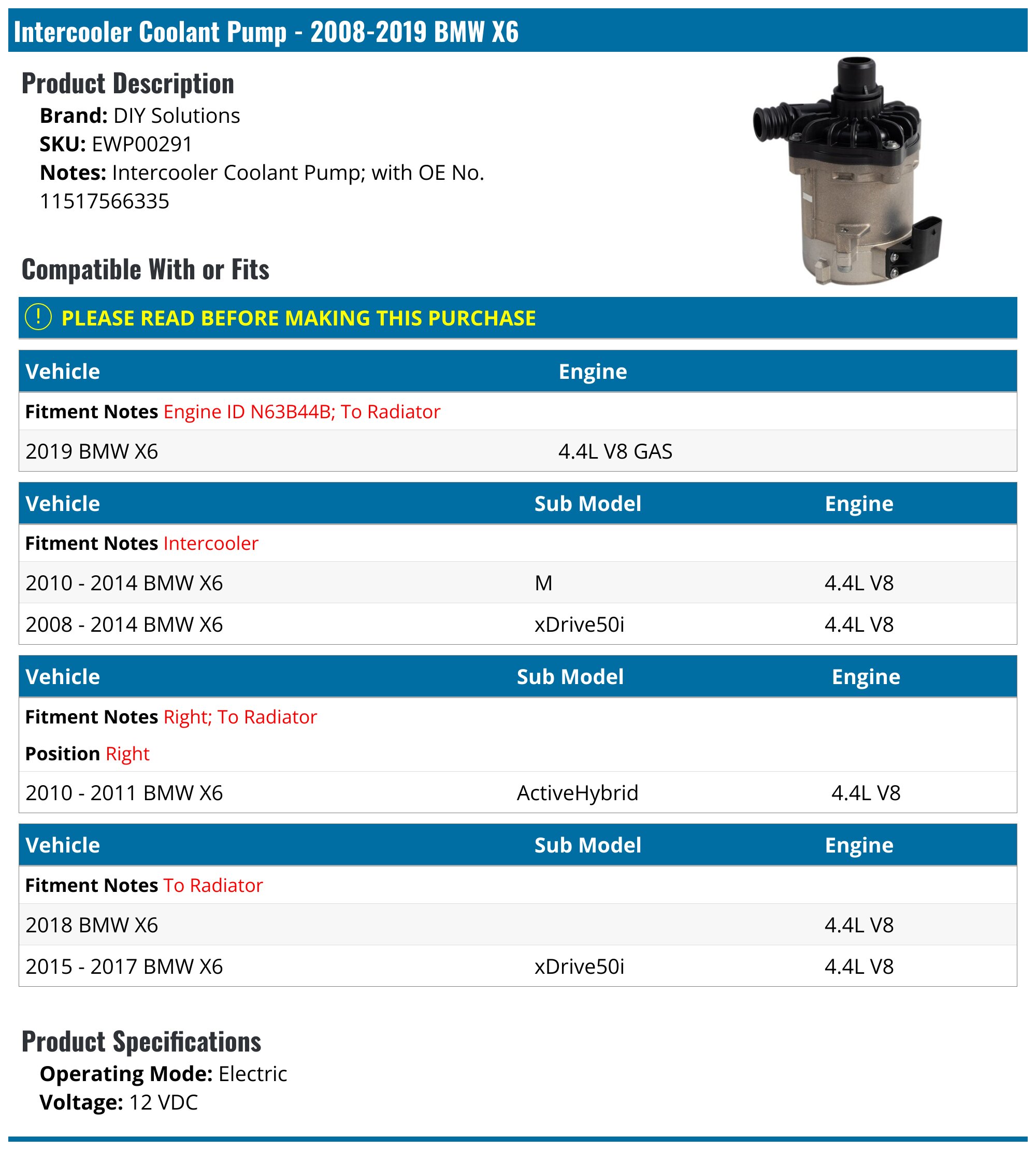 2008-2019 BMW X6 Intercooler Coolant Pump - DIY Solutions EWP00291 ...