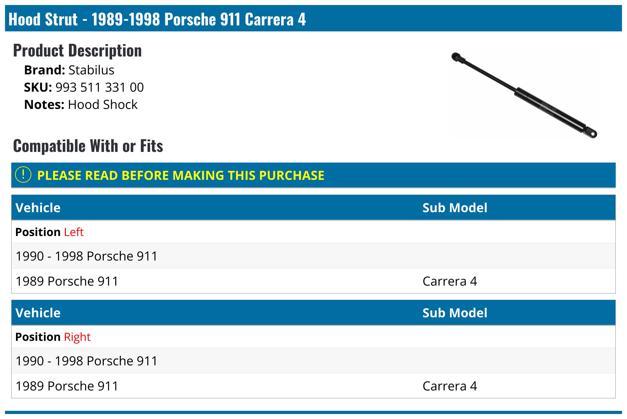 PORSCHE 911 964 993 Hood Lift Support Strut Shocks for Porsche OEM