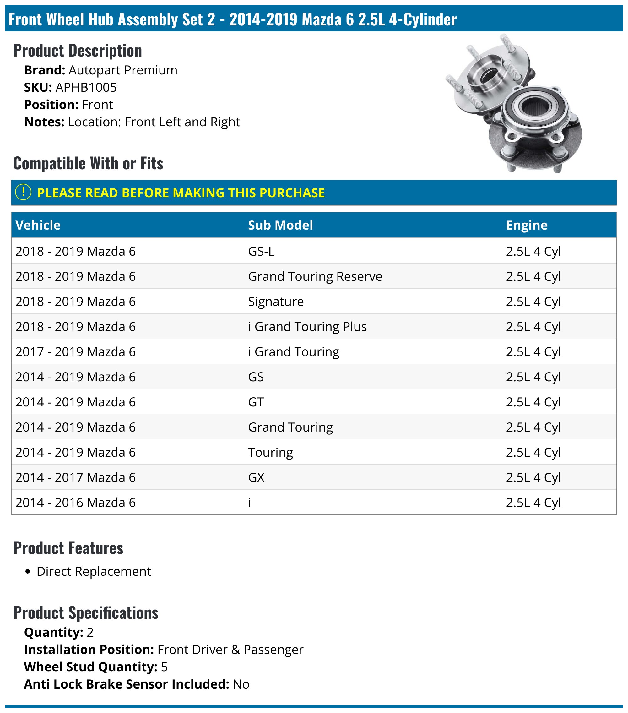 Pair Of Front Wheel Bearing & Hub Assemblies For Mazda 6 (2014-2019) & CX-5 (2013-2022) - Includes ABS Sensor - 1 Year Warranty - Part #Aut11498301