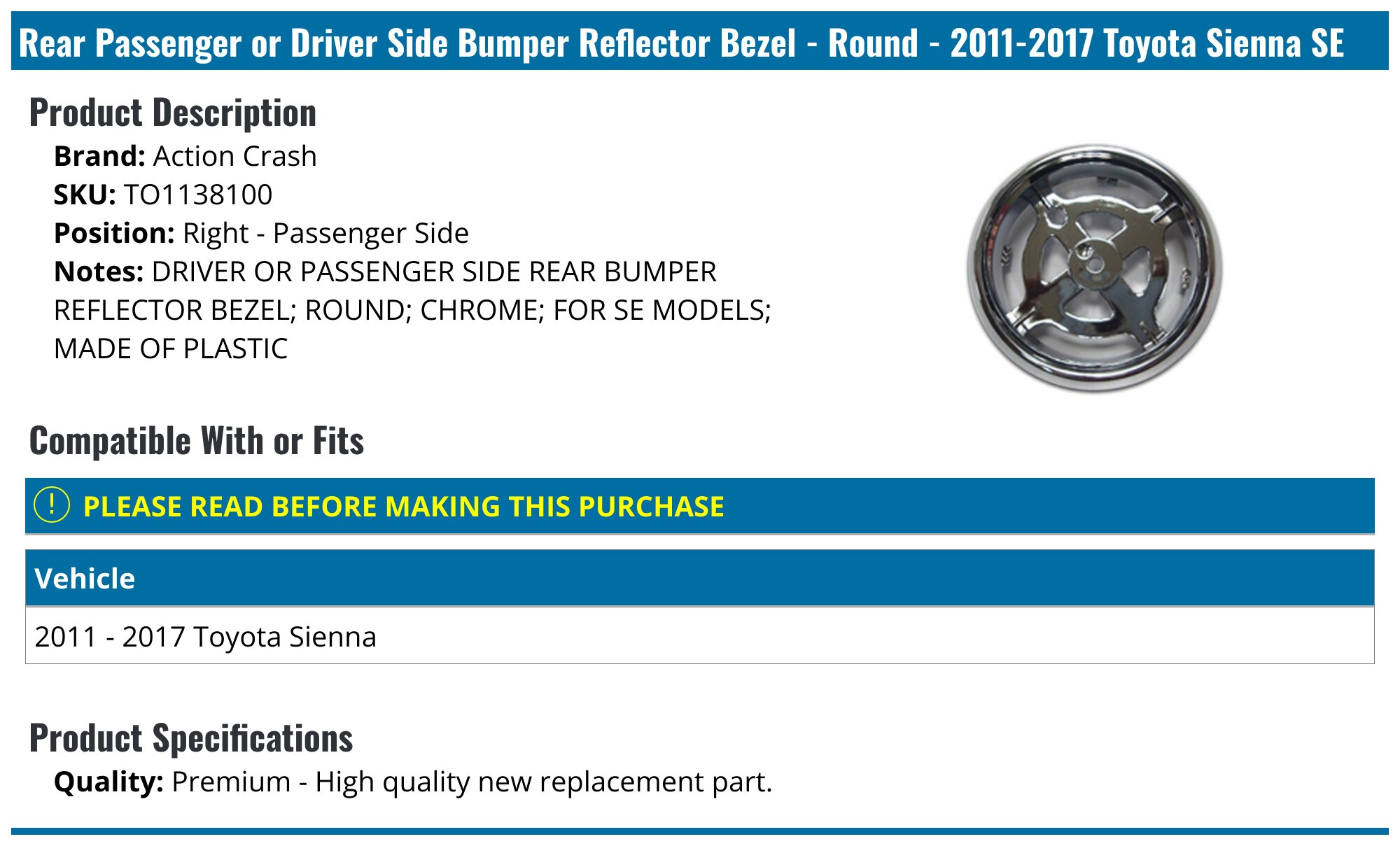 Bumper Retainer Fits 2011-2018 Toyota Sienna Front Passenger Side CAPA