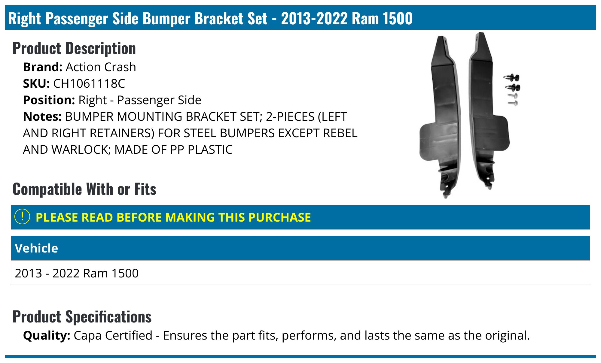 Front Fog Light Bumper Bracket Kit For Ram 1500 2013-2024 & Ram 1500 Classic – Replaces 68232454AA / CH1061108