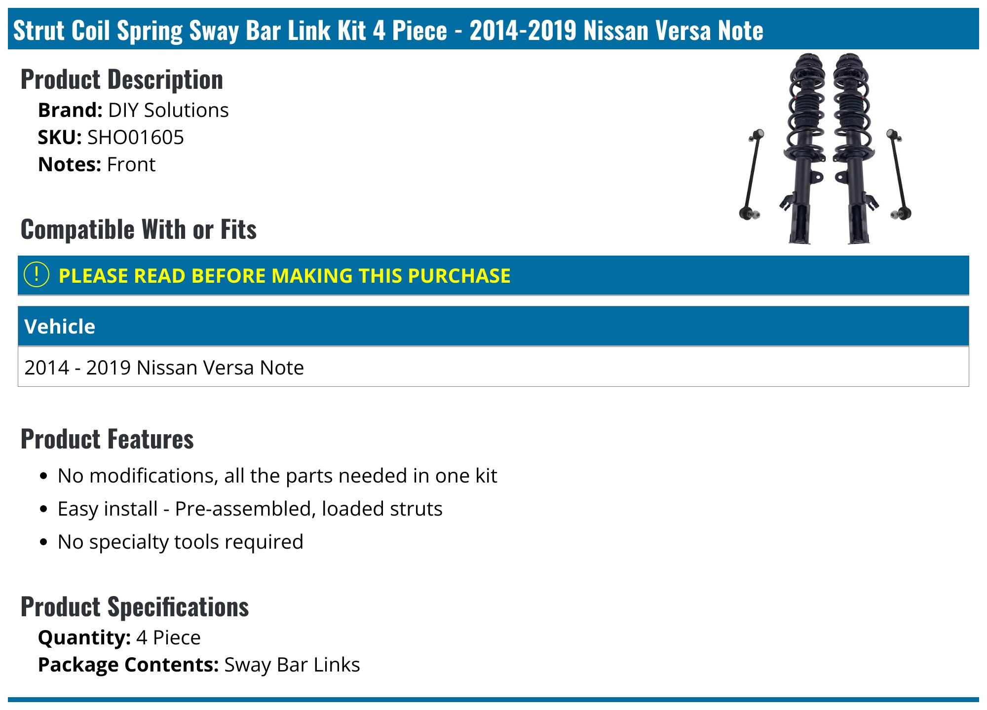 For 2012-2019 Nissan Versa Note Front Struts w/ Coil Springs Sway Bar Links Set