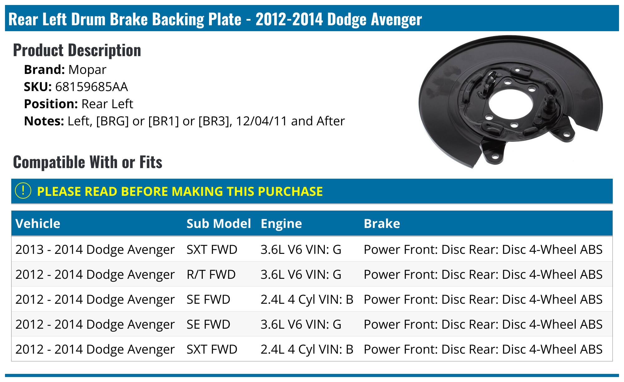 20122014 Dodge Avenger Drum Brake Backing Plate Mopar 68159685AA Rear Left
