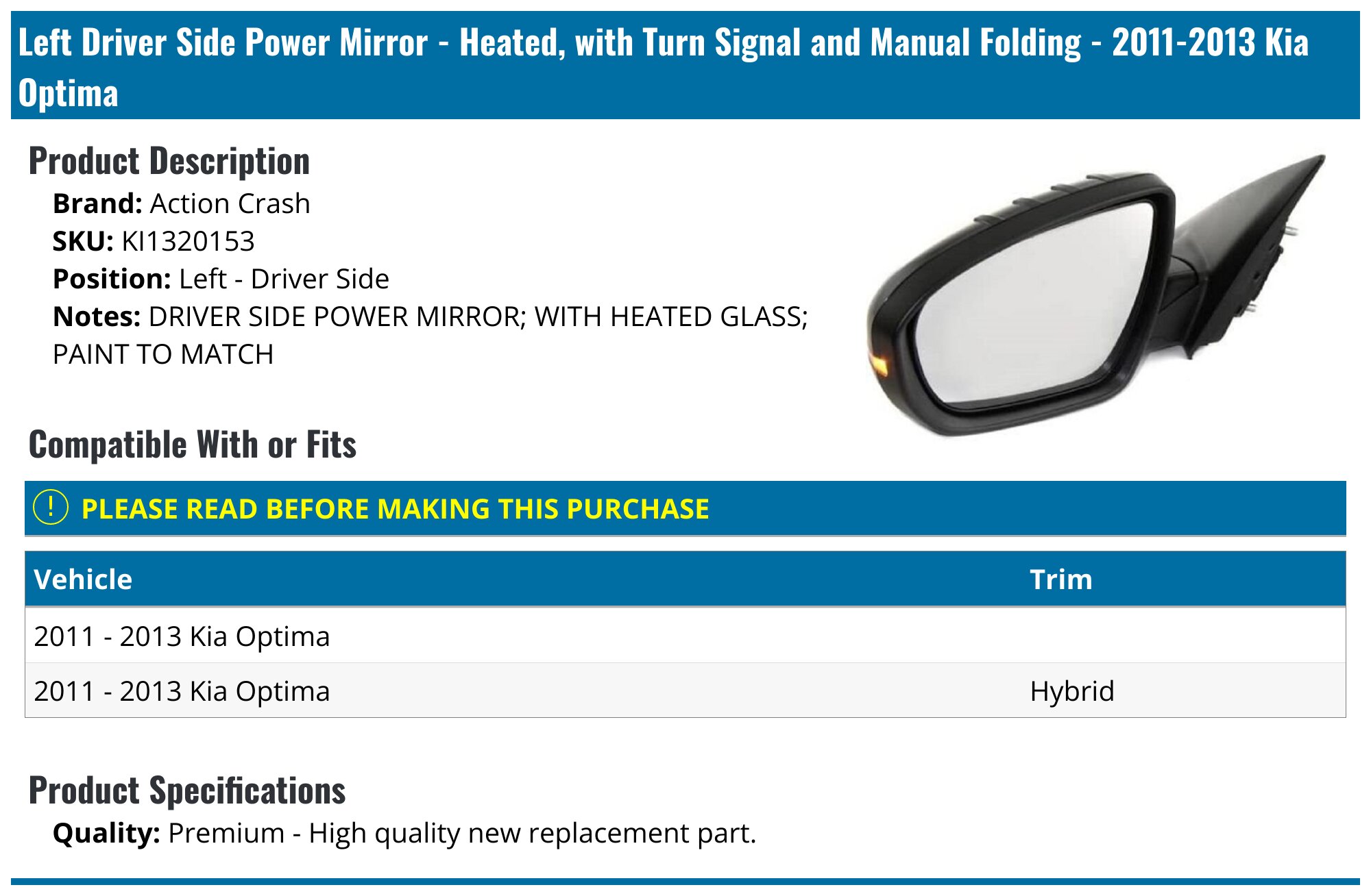 KIA Optima 2012 Motor Right Side Power Mirror For 2011-2013 Kia - Foto 2