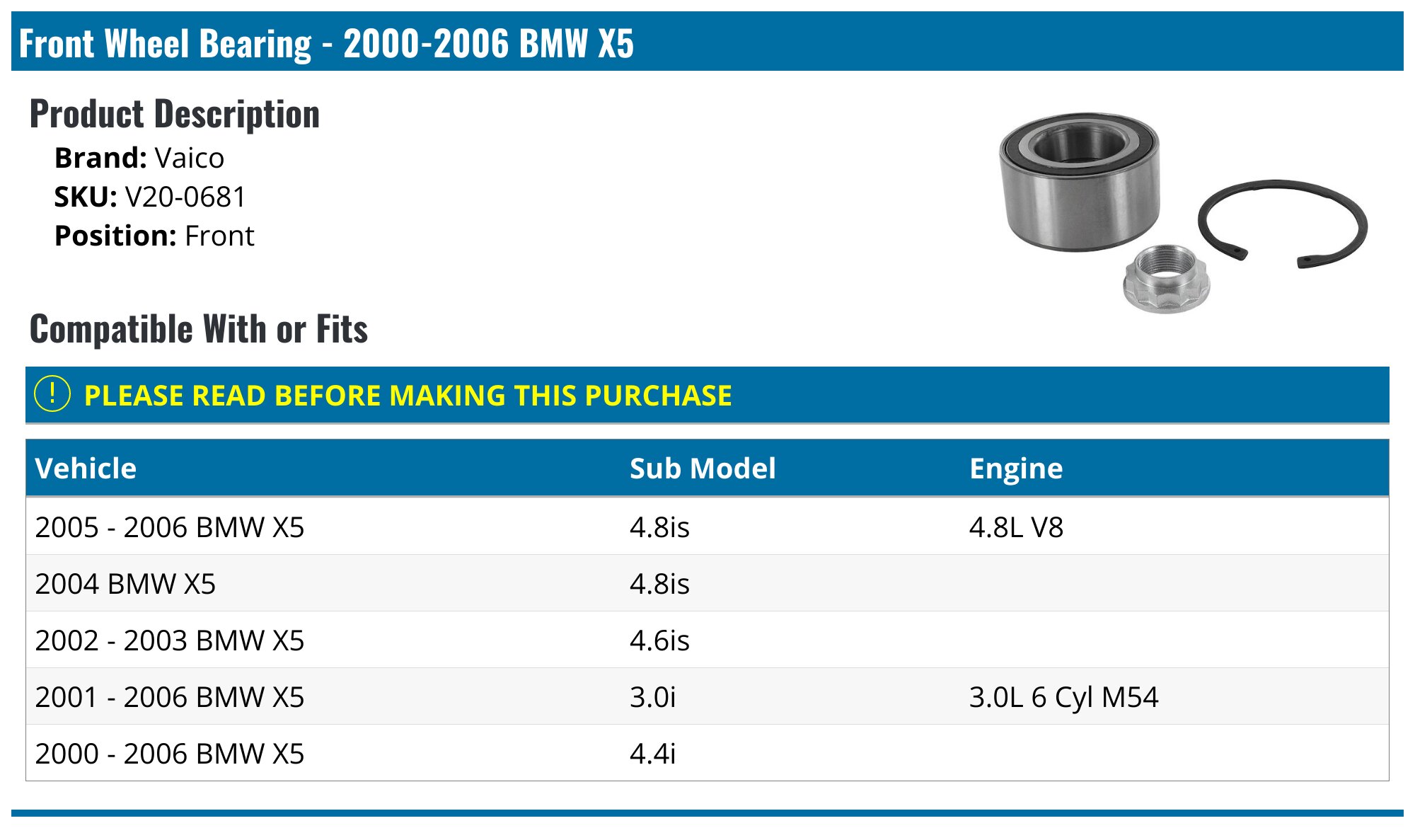 For BMW X5 3.0i 4.4i 4.6is 4.8is 3.0 4.4 4.6 4.8L 2001-2006 Front
