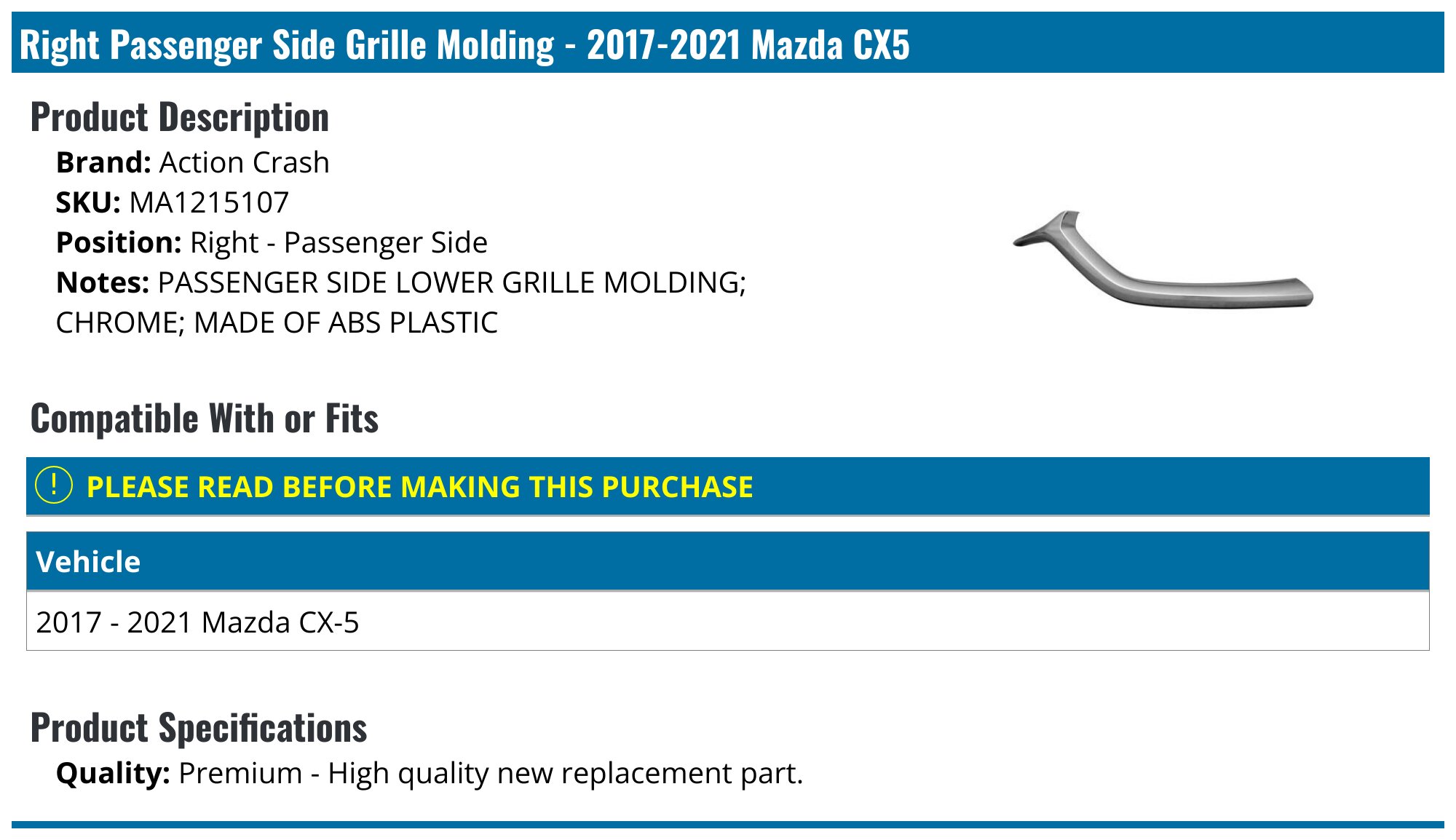 Front Bumper Lower Grille Trim For Mazda CX-5 2017-2021 – Passenger Side Chrome By KARPAL