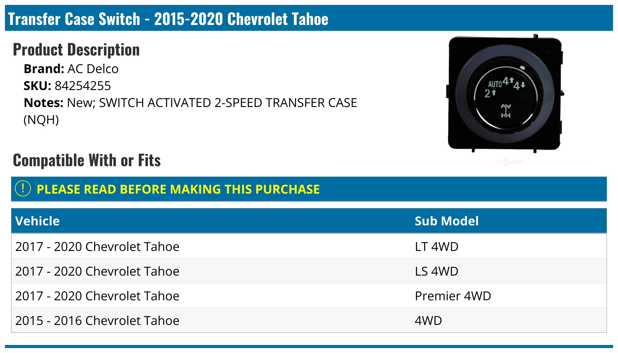 2015-2020 Chevrolet Tahoe Transfer Case Switch - AC Delco 84254255 ...