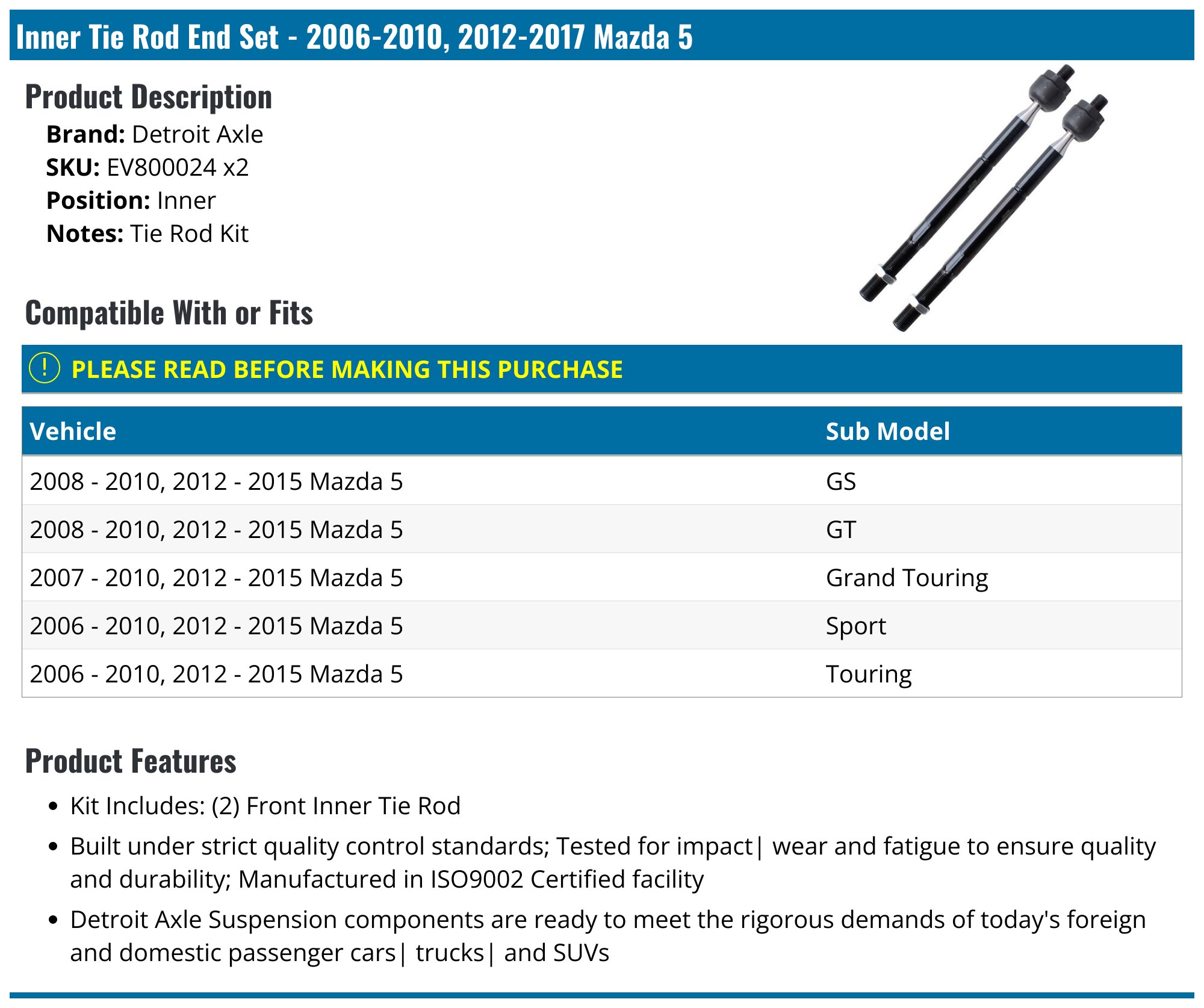 thumbnail image 2 of Complete Front Outer Tie Rod End Kit For Mazda 3 (2004-2013) & Mazda 5 (2006-2017) – Left & Right Pair 2 of 4