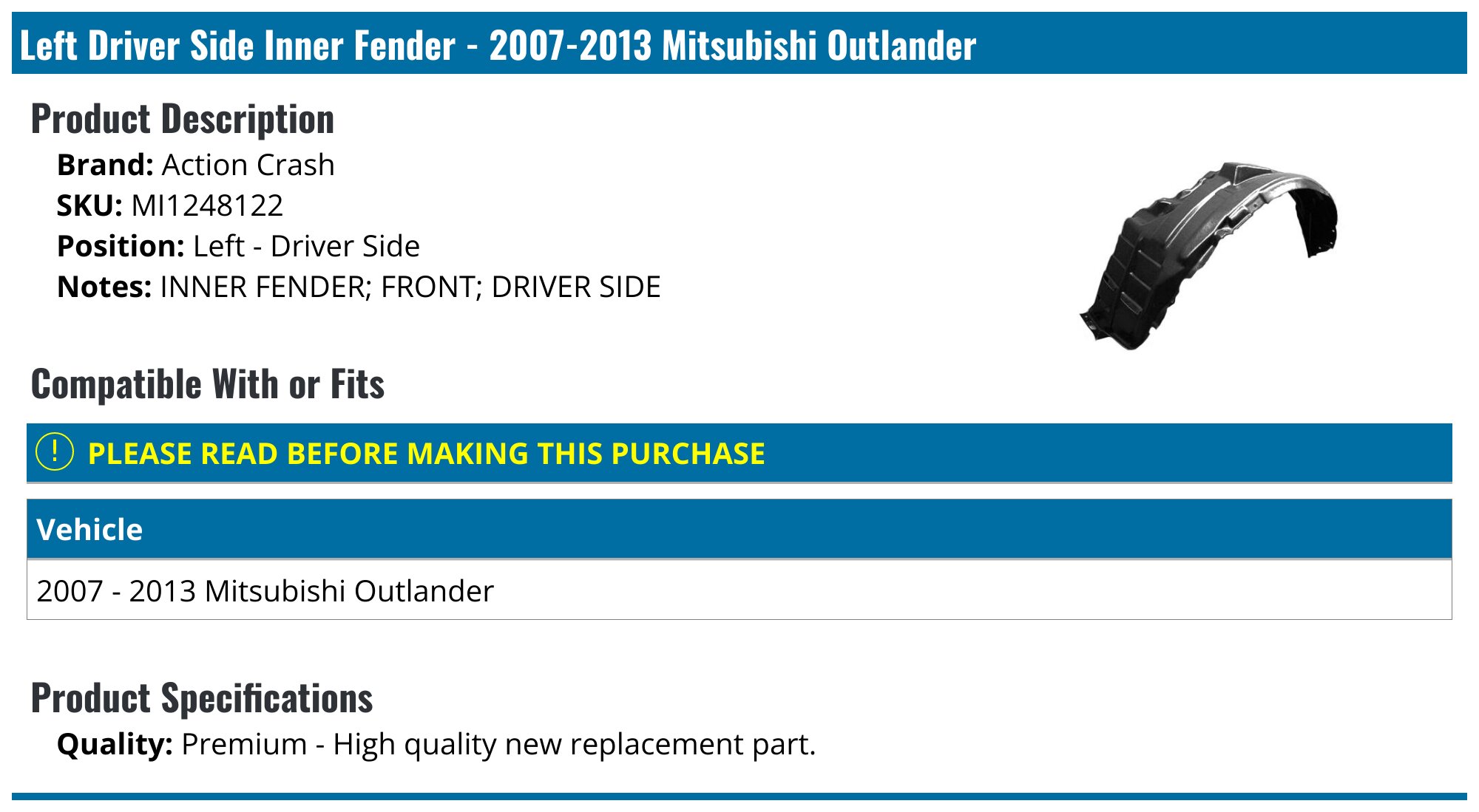 Front Left & Right Fender Liner Set With Clips For 2007-2013 Mitsubishi Outlander - OEM Style Splash Guards